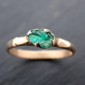 Carved Leaf Emerald Solitaire yellow 14k Gold Ring Birthstone One Of a Kind Gemstone Ring Recycled 3565