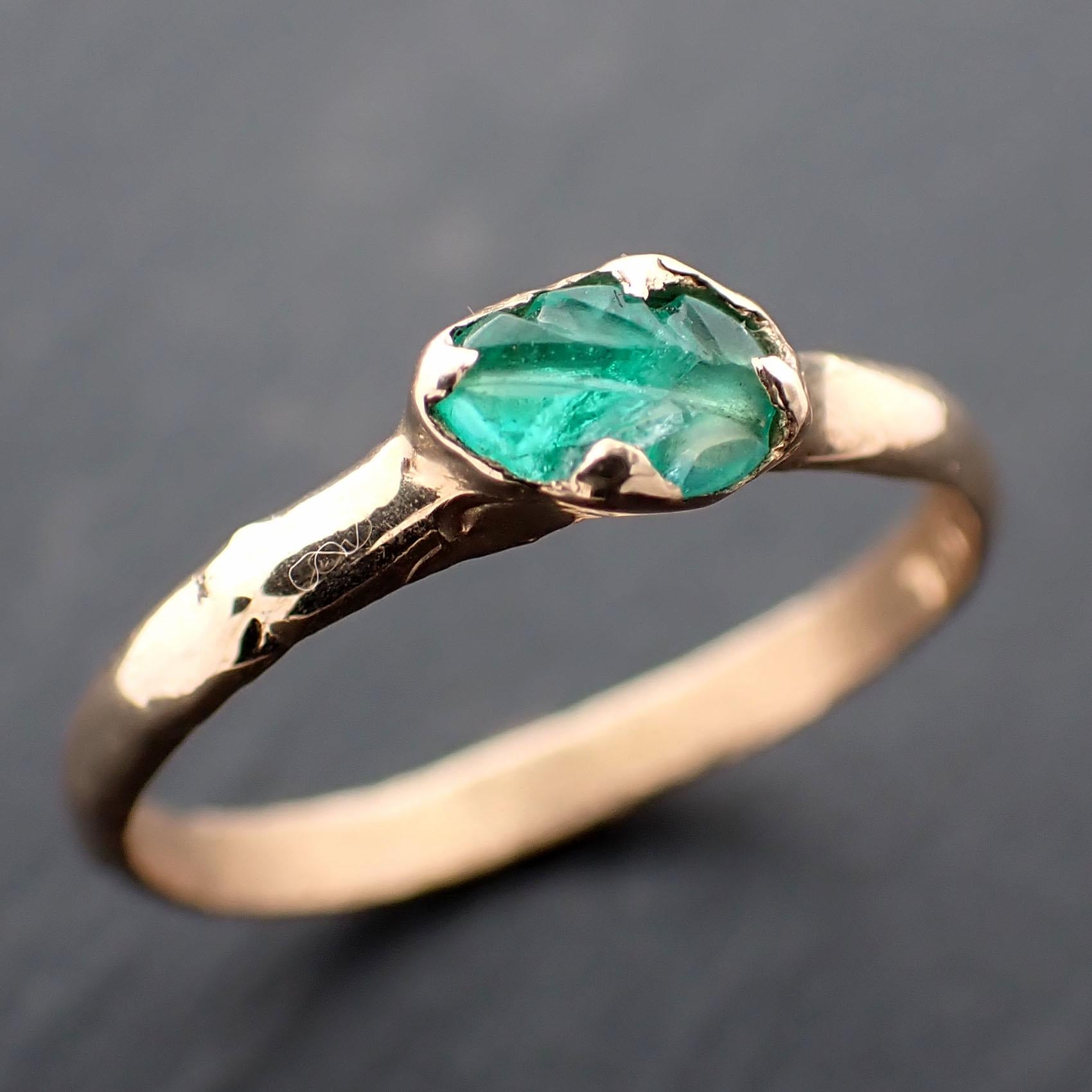 Carved Leaf Emerald Solitaire yellow 14k Gold Ring Birthstone One Of a Kind Gemstone Ring Recycled 3565