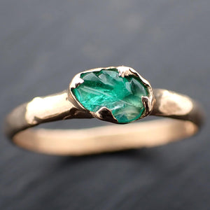 Carved Leaf Emerald Solitaire yellow 14k Gold Ring Birthstone One Of a Kind Gemstone Ring Recycled 3565