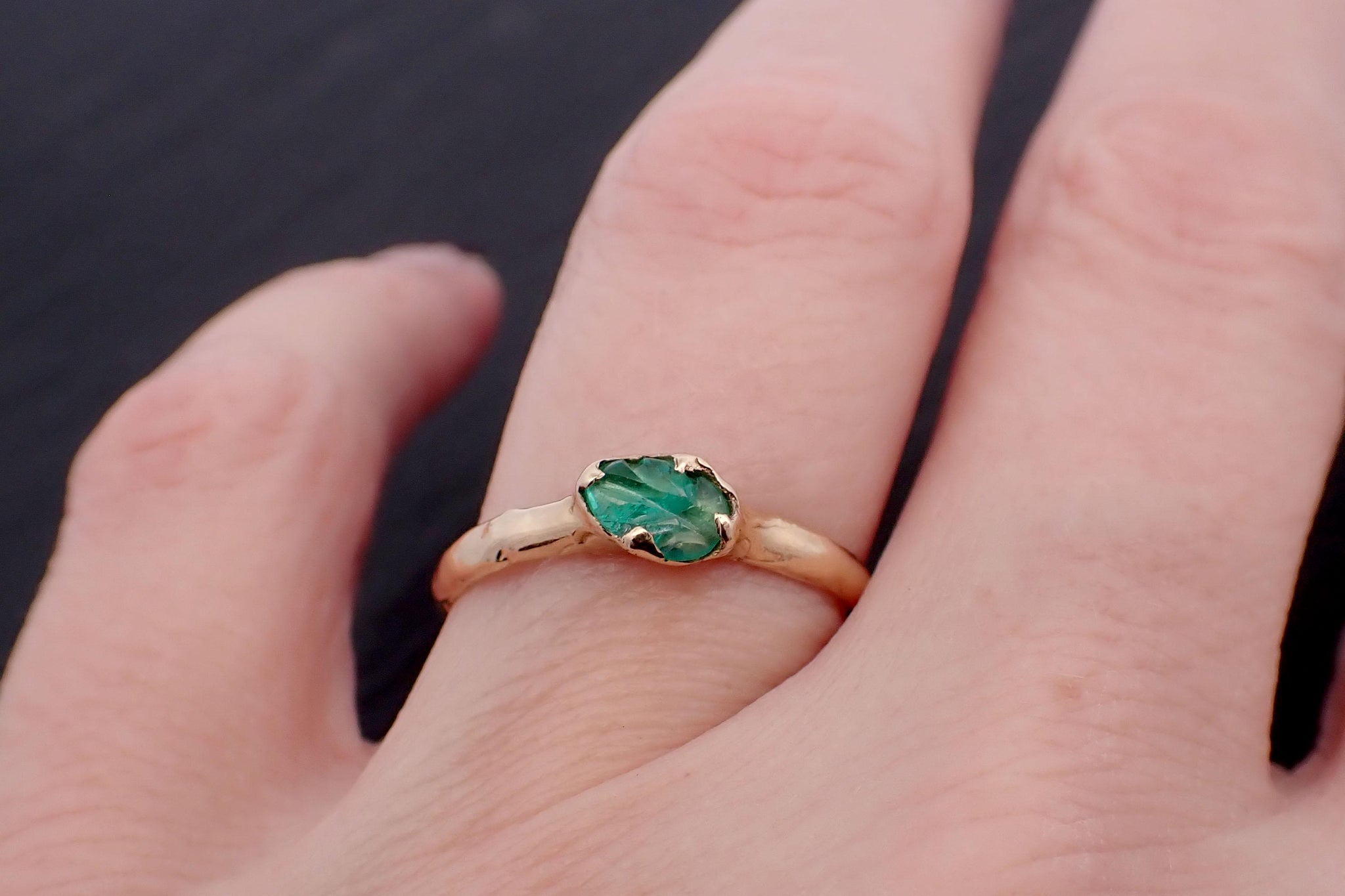 Carved Leaf Emerald Solitaire yellow 14k Gold Ring Birthstone One Of a Kind Gemstone Ring Recycled 3565