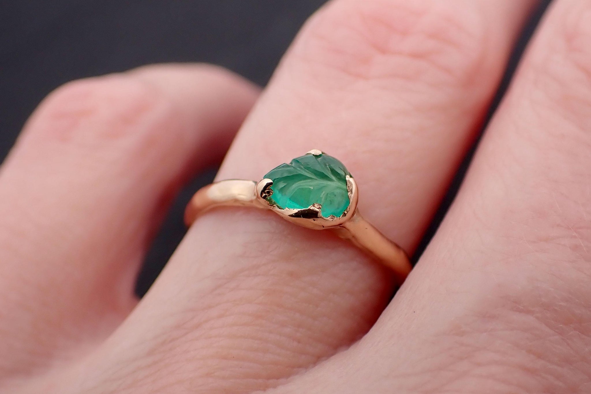 Carved Leaf Emerald Solitaire yellow 14k Gold Ring Birthstone One Of a Kind Gemstone Ring Recycled 3566