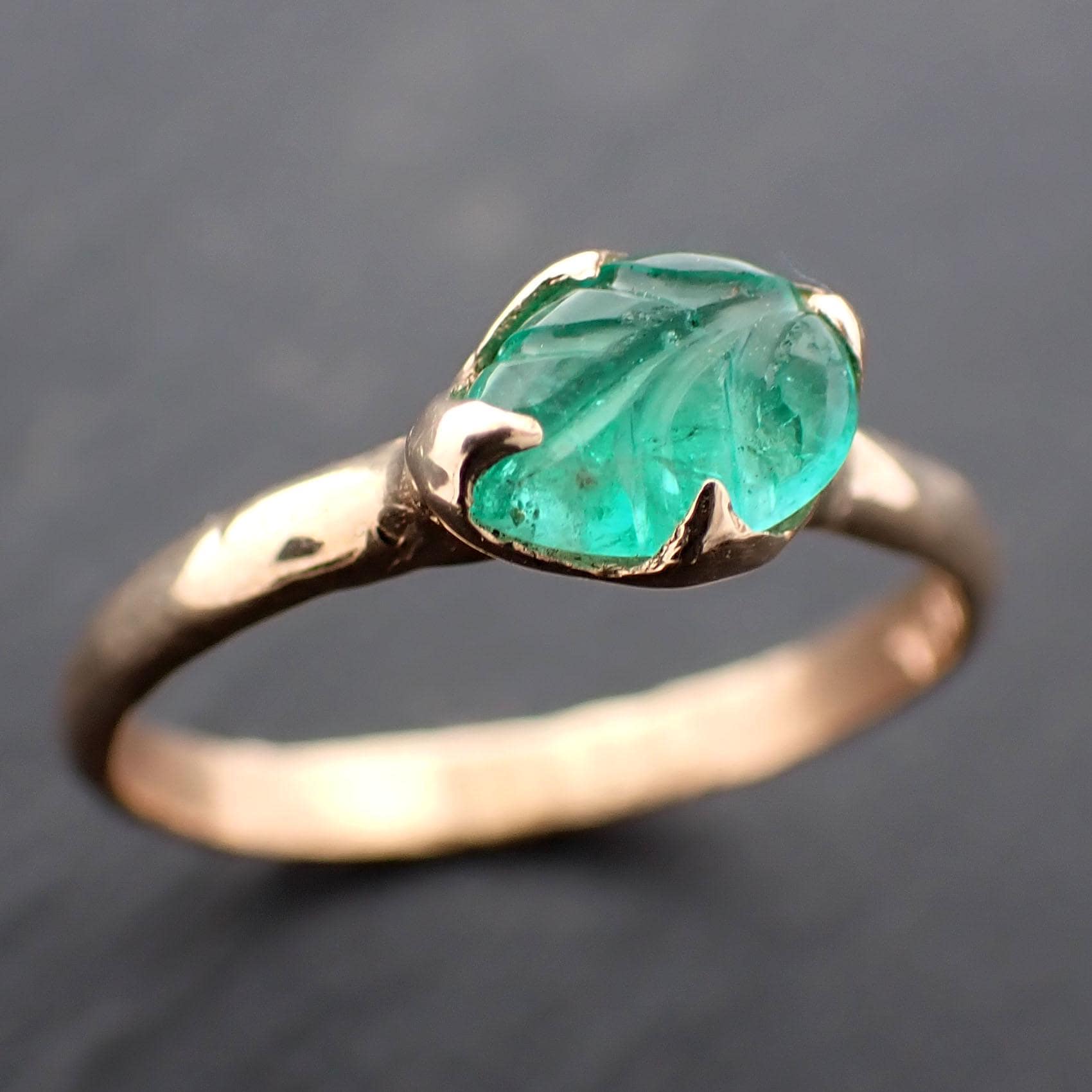 Carved Leaf Emerald Solitaire yellow 14k Gold Ring Birthstone One Of a Kind Gemstone Ring Recycled 3567