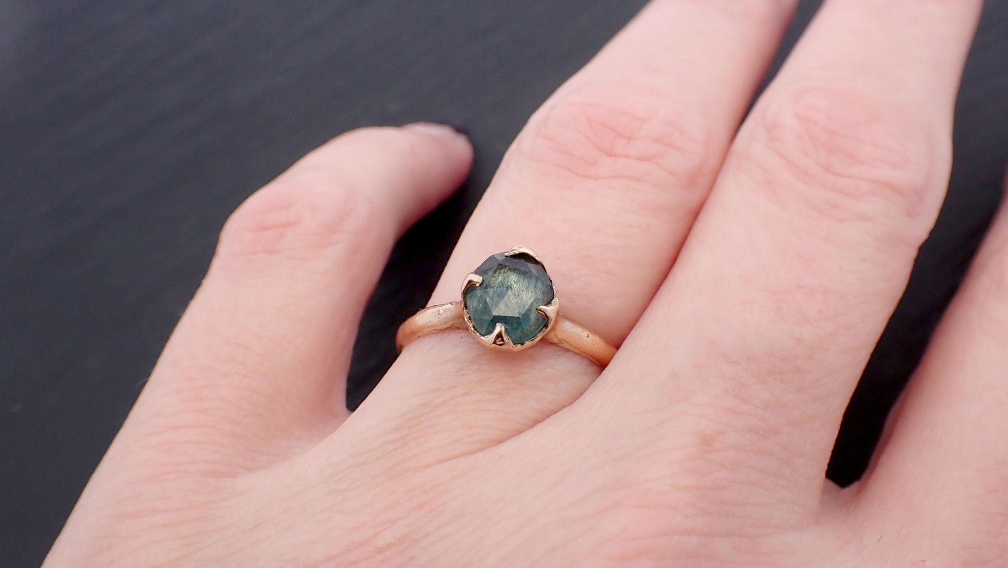 Fancy cut Montana blue green Sapphire 14k Yellow gold Solitaire Ring Gold Gemstone Engagement Ring 3562