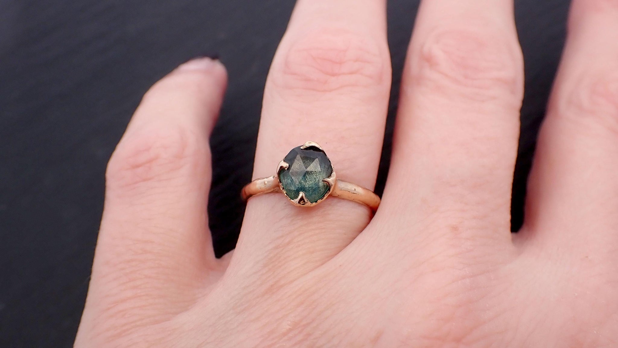 Fancy cut Montana blue green Sapphire 14k Yellow gold Solitaire Ring Gold Gemstone Engagement Ring 3562