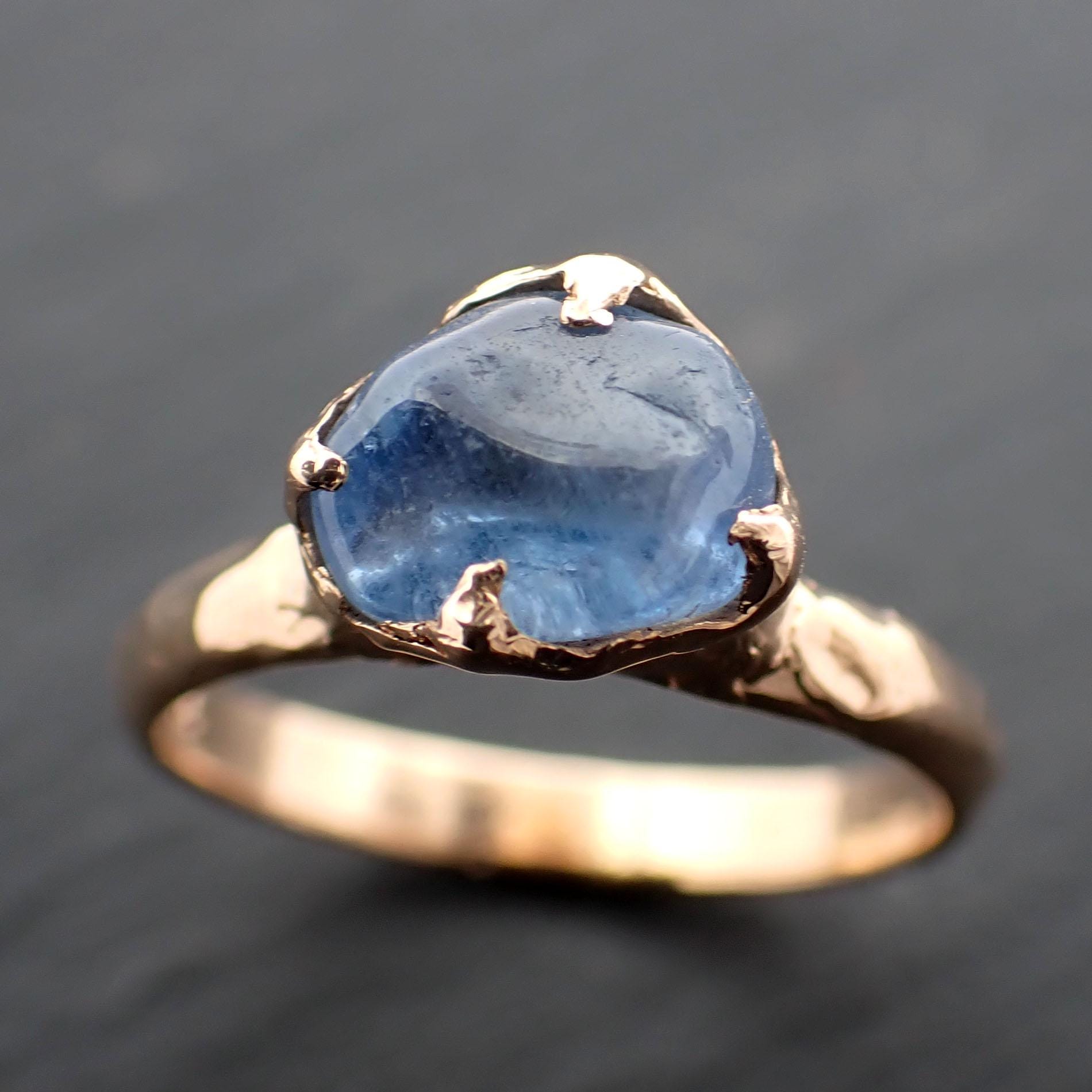 Sapphire tumbled yellow 18k gold Solitaire blue tumbled gemstone ring 3563