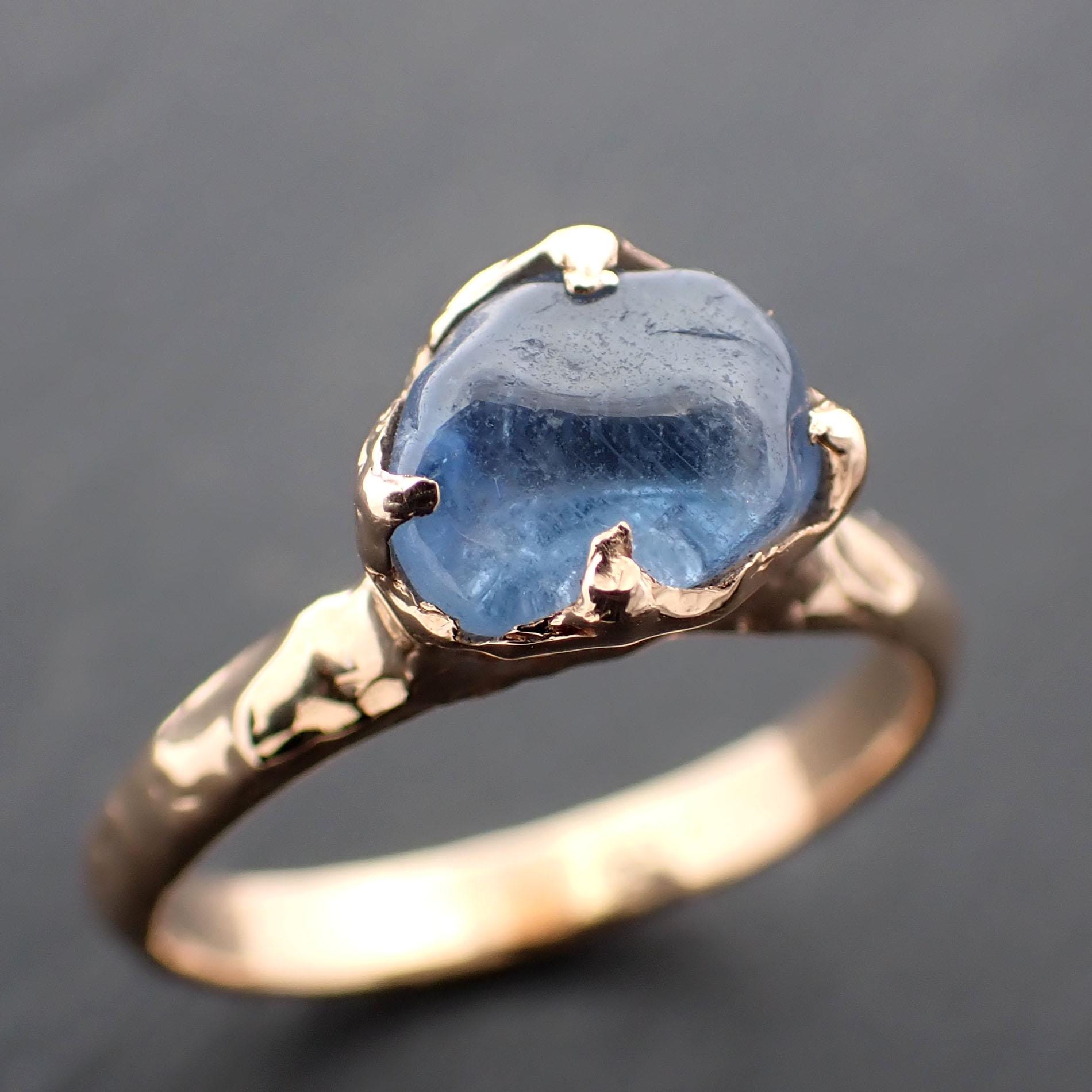 Sapphire tumbled yellow 18k gold Solitaire blue tumbled gemstone ring 3563