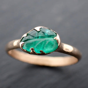 Carved Leaf Emerald Solitaire yellow 14k Gold Ring Birthstone One Of a Kind Gemstone Ring Recycled 3564