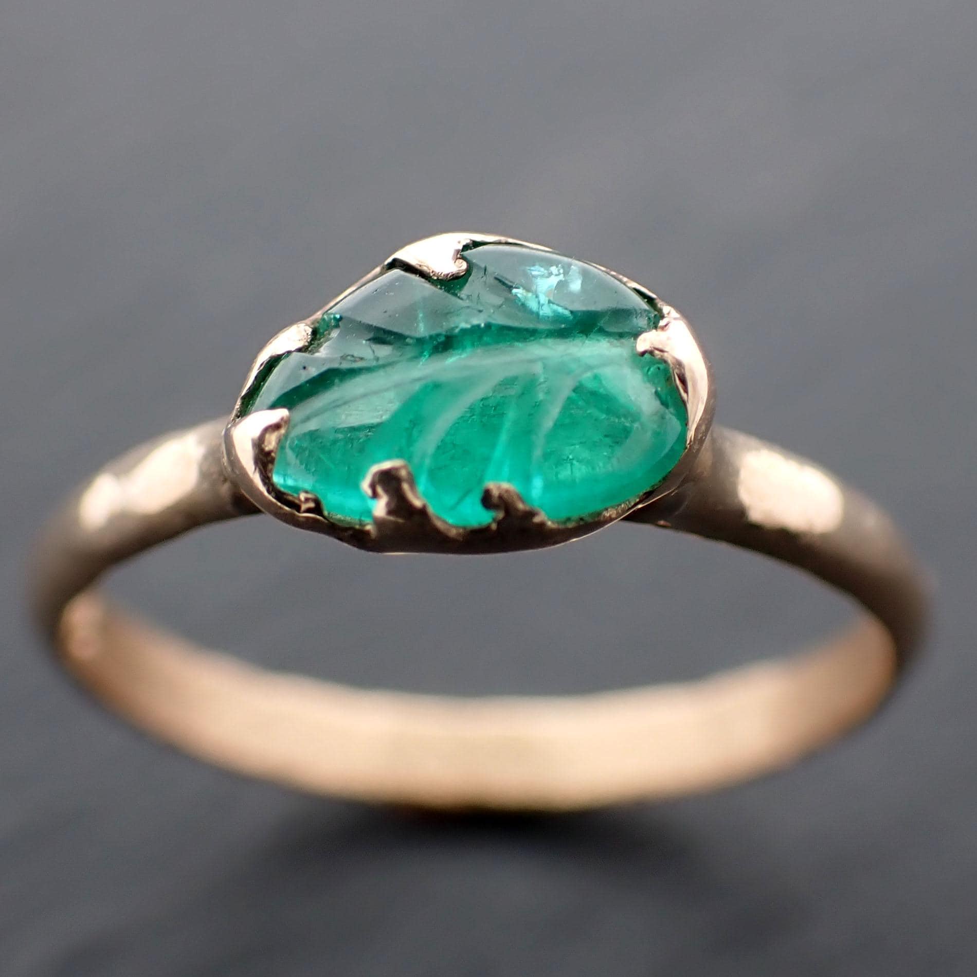 Carved Leaf Emerald Solitaire yellow 14k Gold Ring Birthstone One Of a Kind Gemstone Ring Recycled 3564