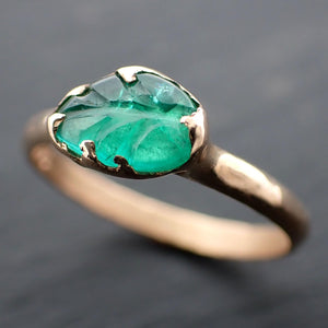 Carved Leaf Emerald Solitaire yellow 14k Gold Ring Birthstone One Of a Kind Gemstone Ring Recycled 3564