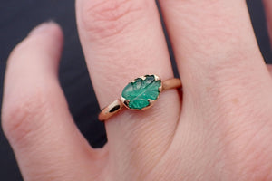 Carved Leaf Emerald Solitaire yellow 14k Gold Ring Birthstone One Of a Kind Gemstone Ring Recycled 3564