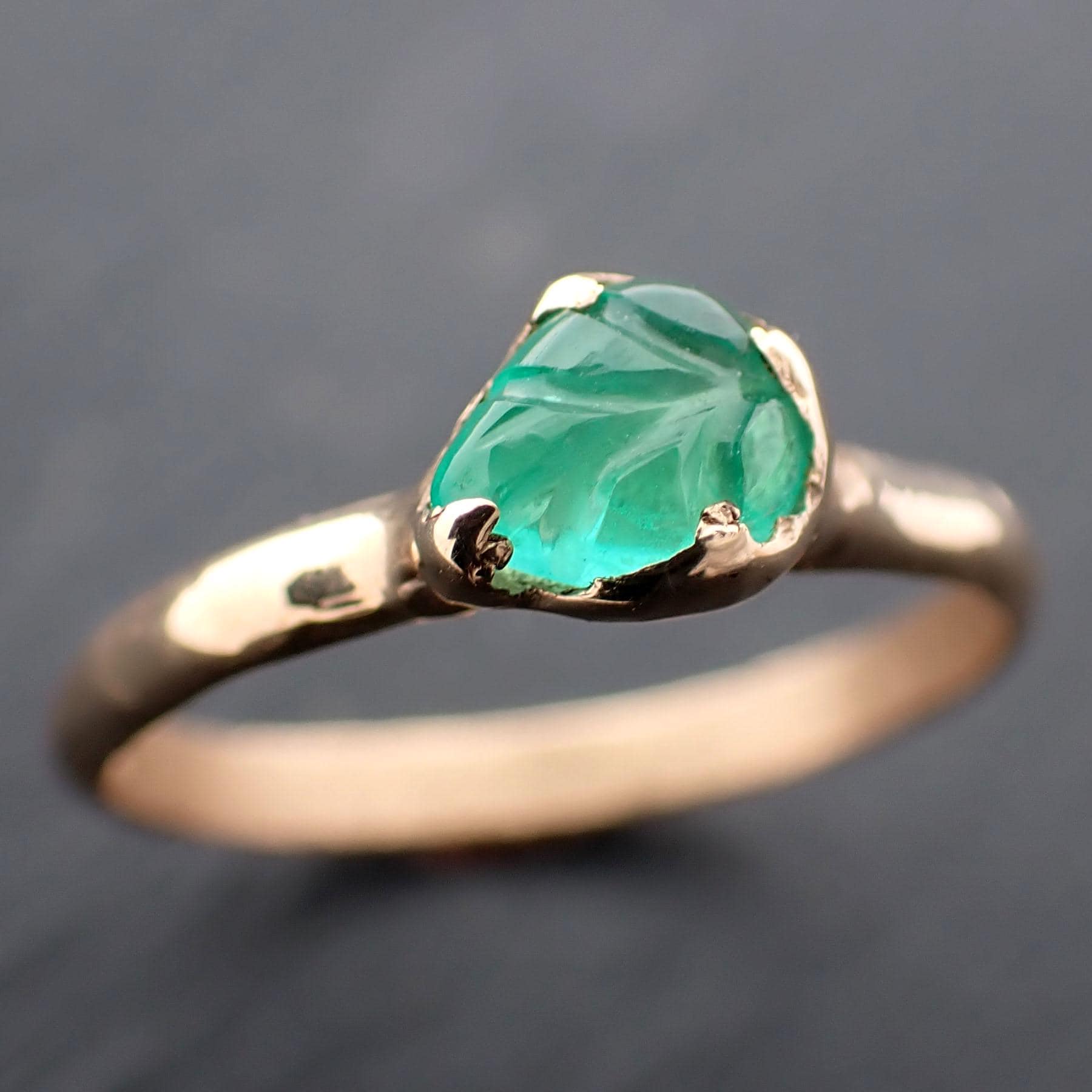 Carved Leaf Emerald Solitaire yellow 14k Gold Ring Birthstone One Of a Kind Gemstone Ring Recycled 3566