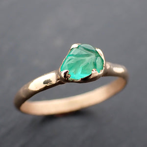 Carved Leaf Emerald Solitaire yellow 14k Gold Ring Birthstone One Of a Kind Gemstone Ring Recycled 3566