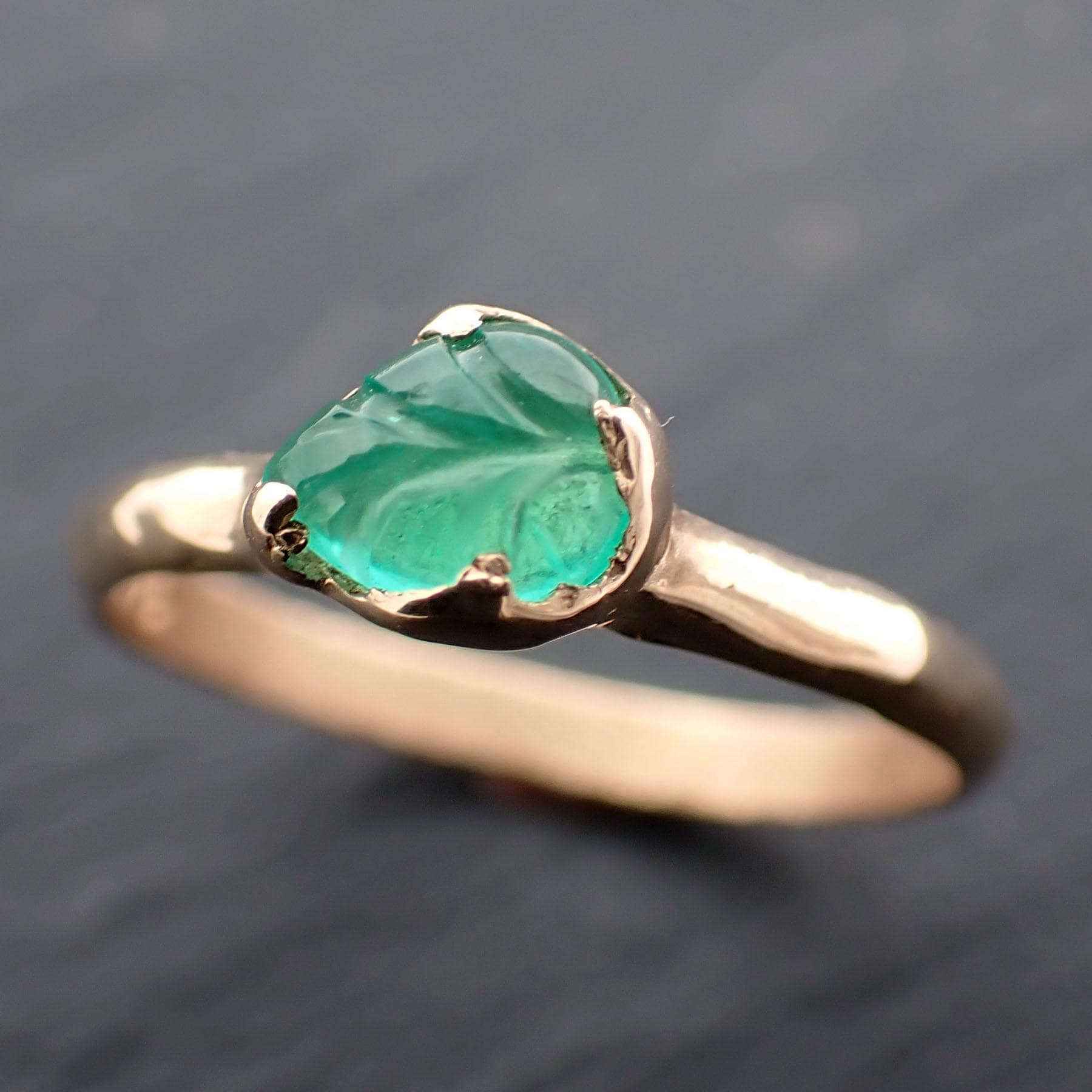 Carved Leaf Emerald Solitaire yellow 14k Gold Ring Birthstone One Of a Kind Gemstone Ring Recycled 3566