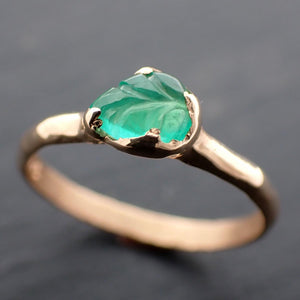 Carved Leaf Emerald Solitaire yellow 14k Gold Ring Birthstone One Of a Kind Gemstone Ring Recycled 3566