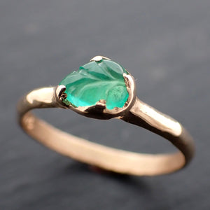 Carved Leaf Emerald Solitaire yellow 14k Gold Ring Birthstone One Of a Kind Gemstone Ring Recycled 3566