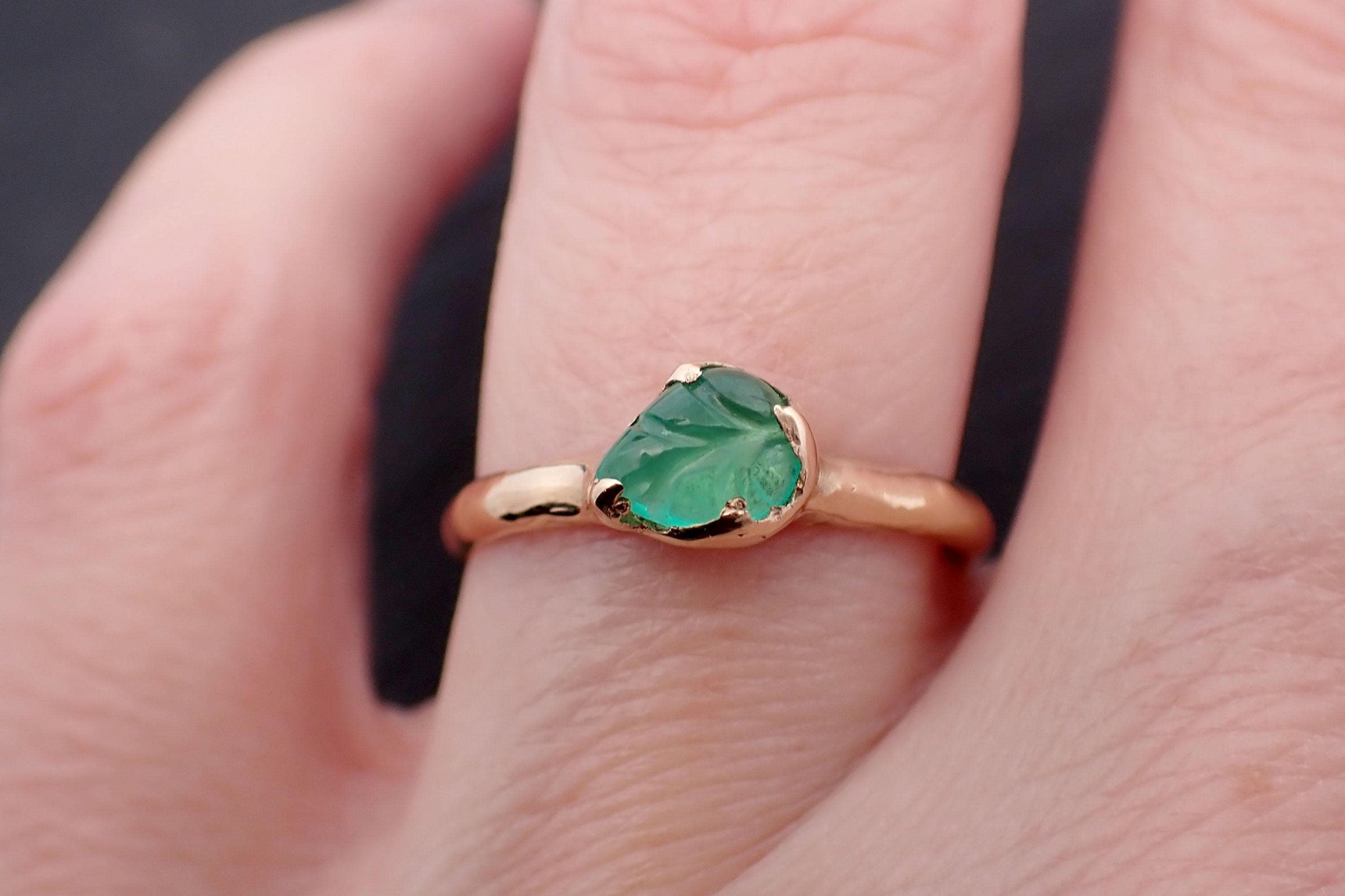 Carved Leaf Emerald Solitaire yellow 14k Gold Ring Birthstone One Of a Kind Gemstone Ring Recycled 3566