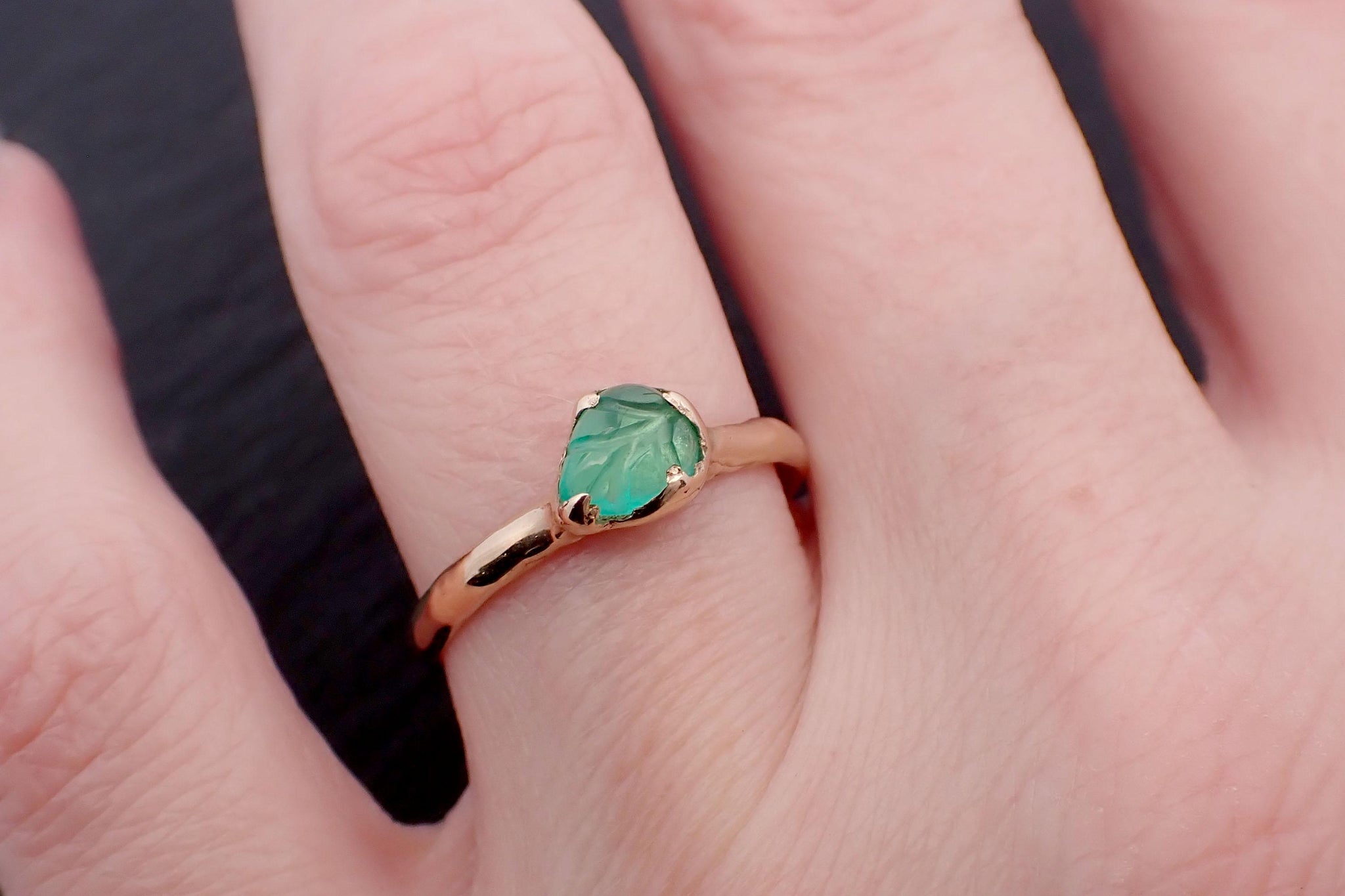 Carved Leaf Emerald Solitaire yellow 14k Gold Ring Birthstone One Of a Kind Gemstone Ring Recycled 3566