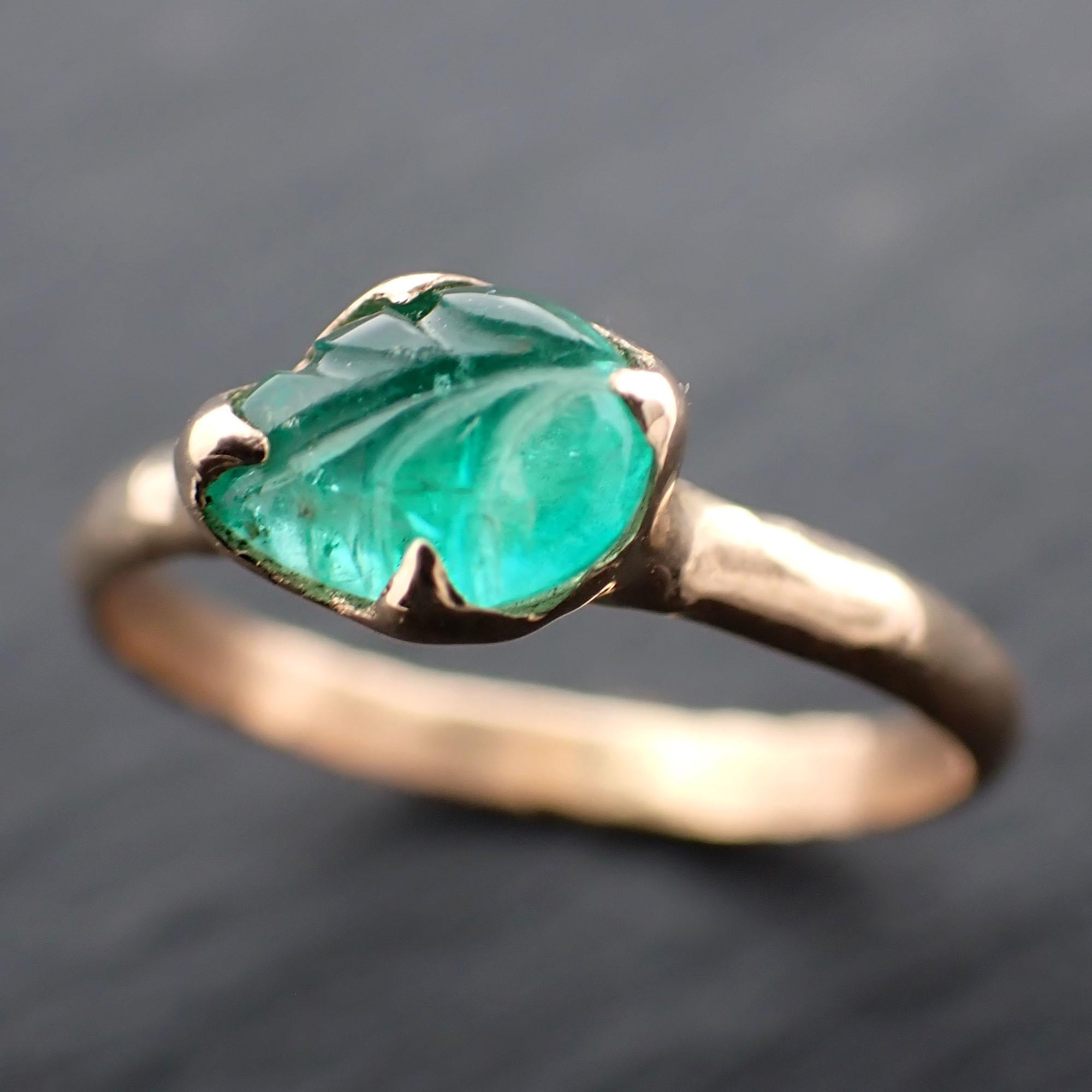 Carved Leaf Emerald Solitaire yellow 14k Gold Ring Birthstone One Of a Kind Gemstone Ring Recycled 3567