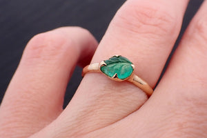 Carved Leaf Emerald Solitaire yellow 14k Gold Ring Birthstone One Of a Kind Gemstone Ring Recycled 3567