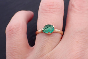 Carved Leaf Emerald Solitaire yellow 14k Gold Ring Birthstone One Of a Kind Gemstone Ring Recycled 3567