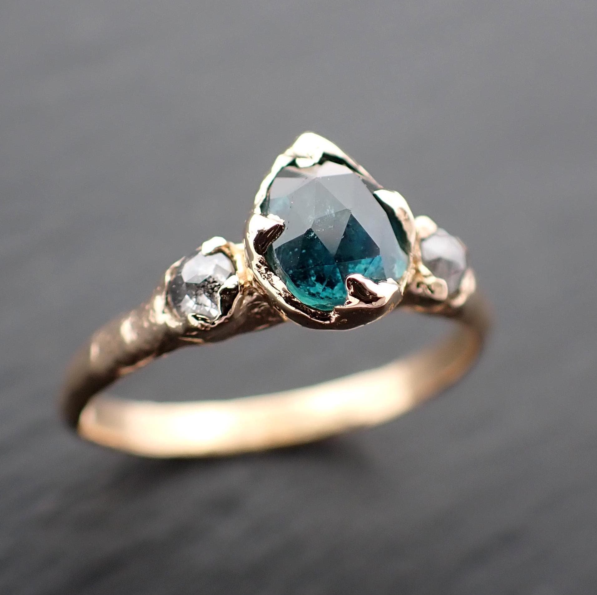 Rose cut blue Montana Sapphire and fancy cut Diamonds 18k Yellow Gold Engagement Wedding Ring Gemstone Ring Multi stone Ring 3576