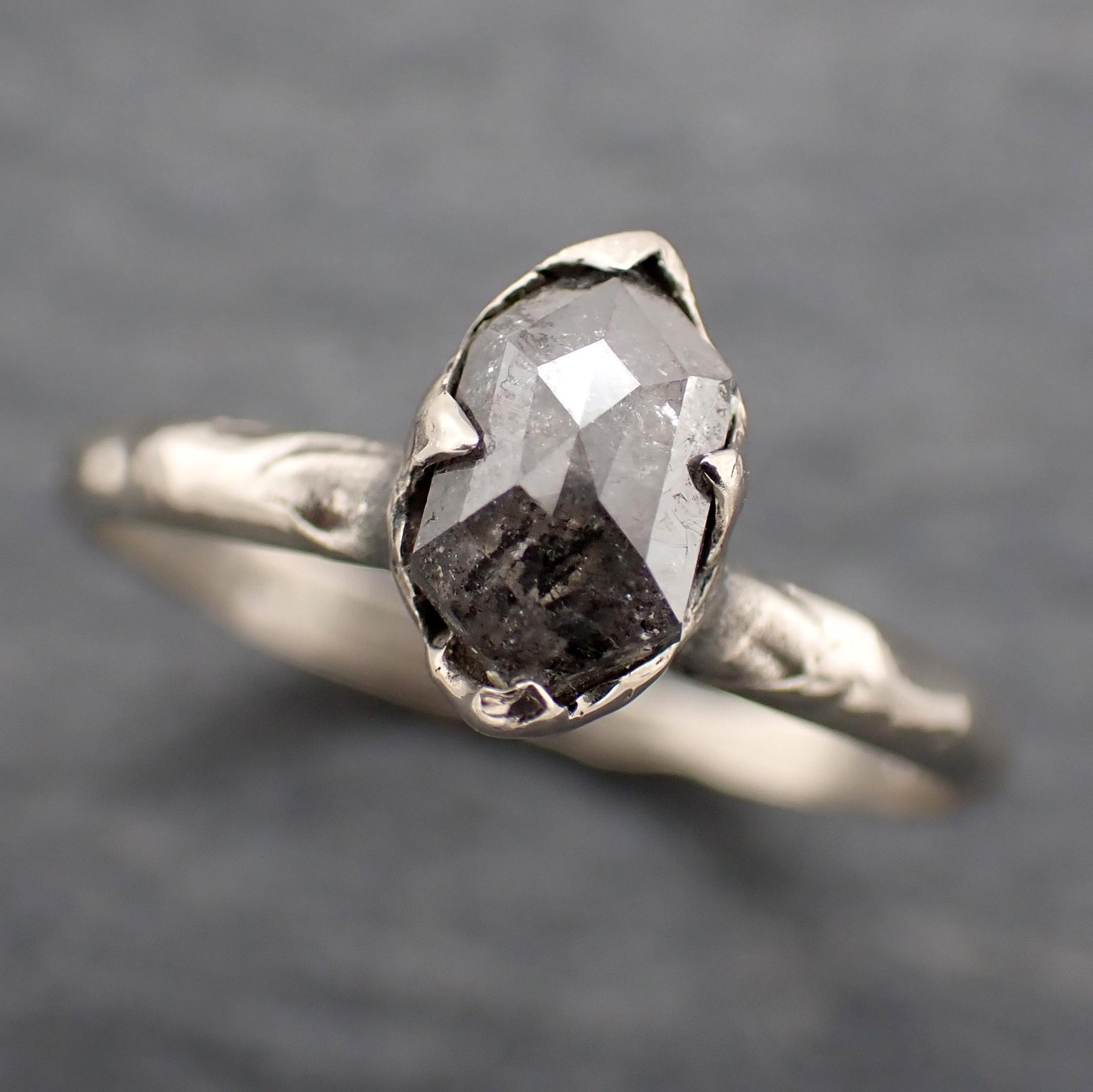 Fancy cut salt and pepper Diamond Solitaire Engagement 14k White Gold Wedding Ring byAngeline 0767