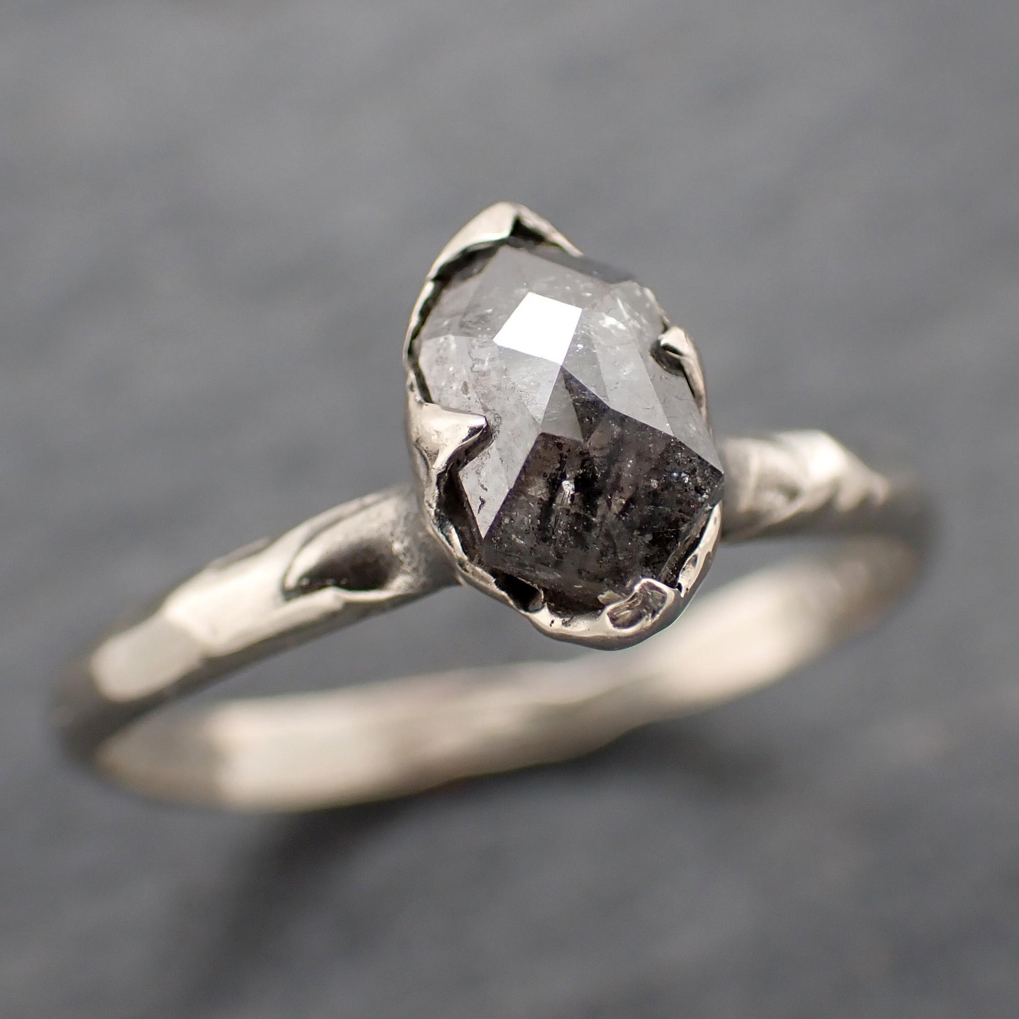 Fancy cut salt and pepper Diamond Solitaire Engagement 14k White Gold Wedding Ring byAngeline 0767