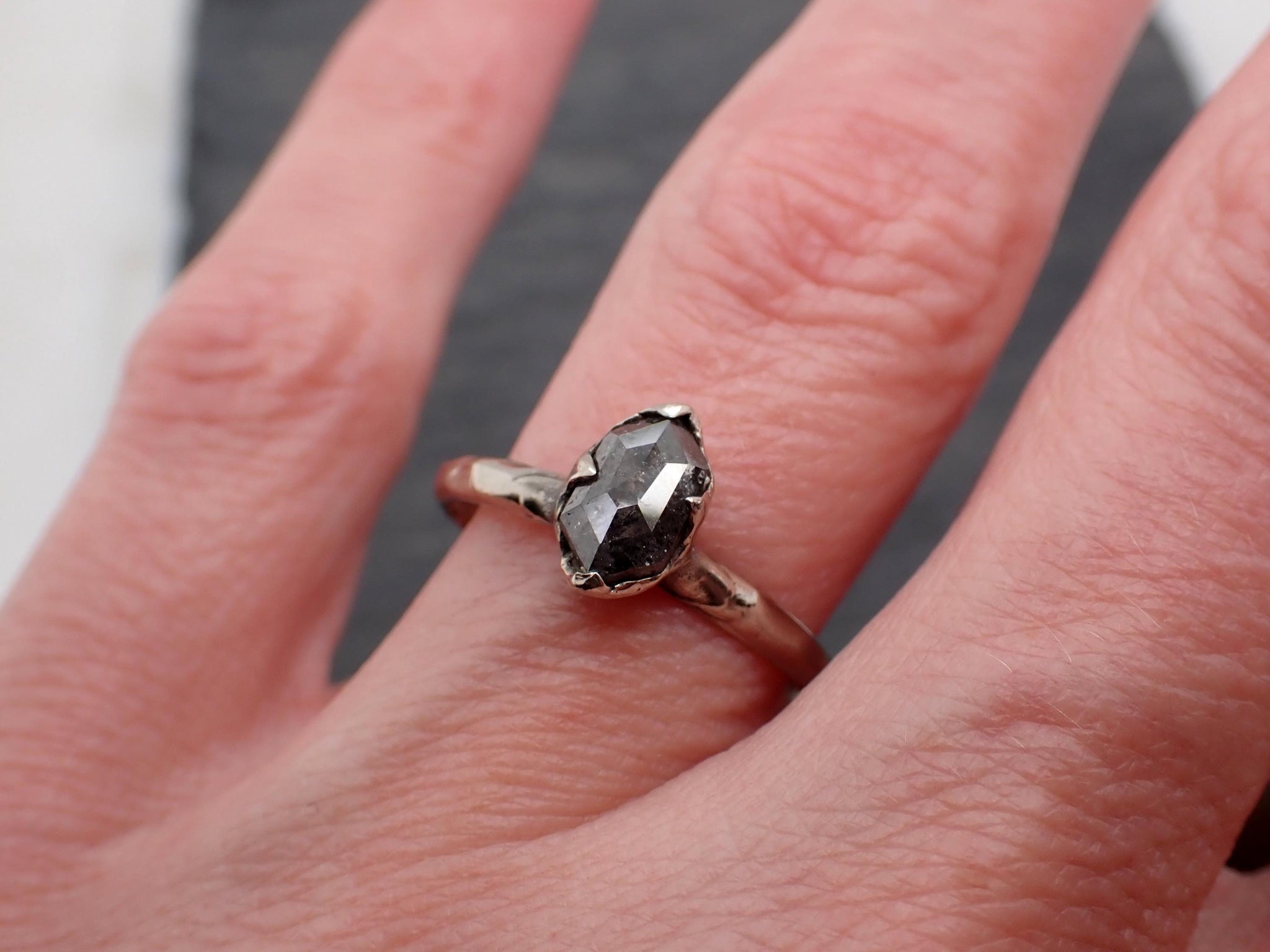 Fancy cut salt and pepper Diamond Solitaire Engagement 14k White Gold Wedding Ring byAngeline 0767