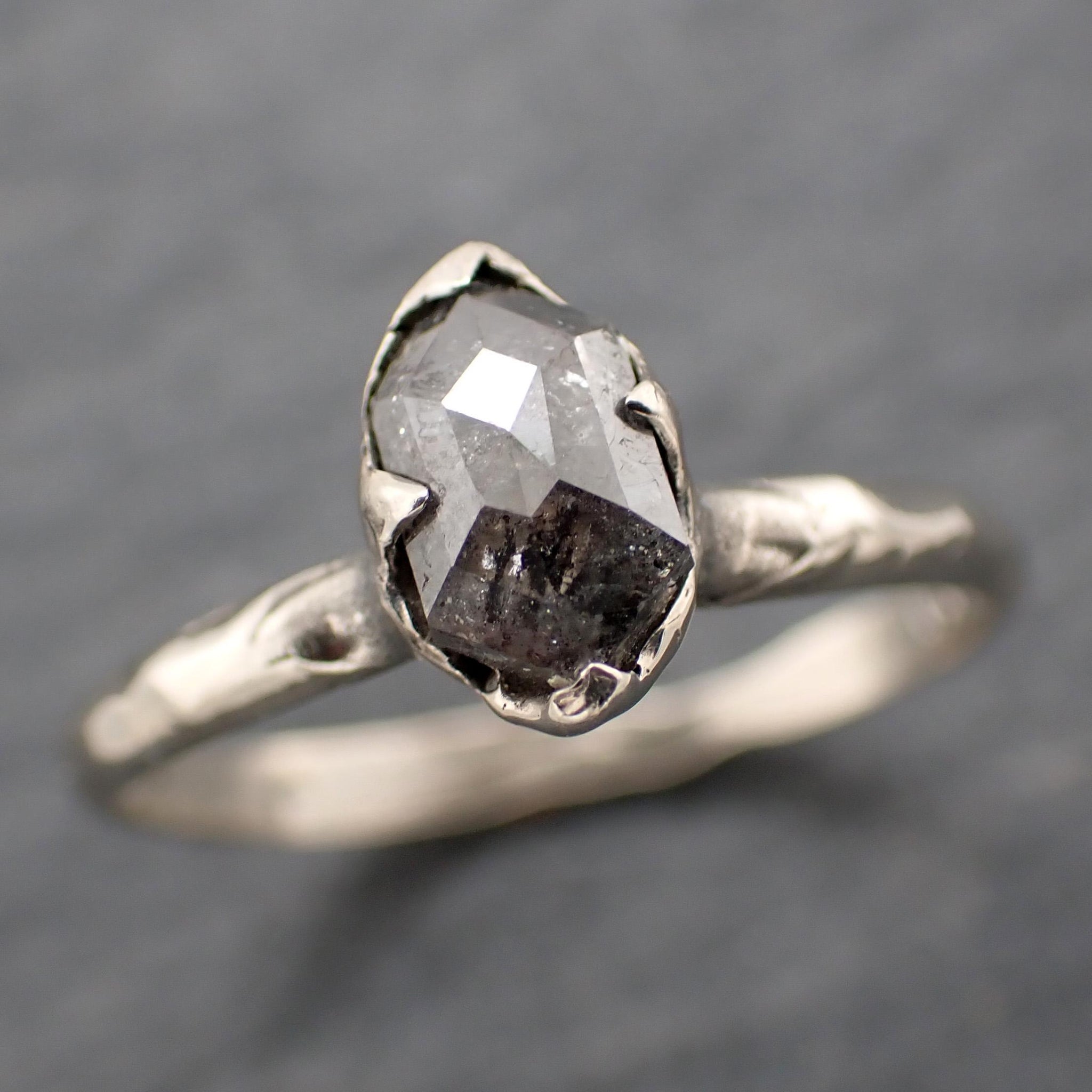 Fancy cut salt and pepper Diamond Solitaire Engagement 14k White Gold Wedding Ring byAngeline 0767