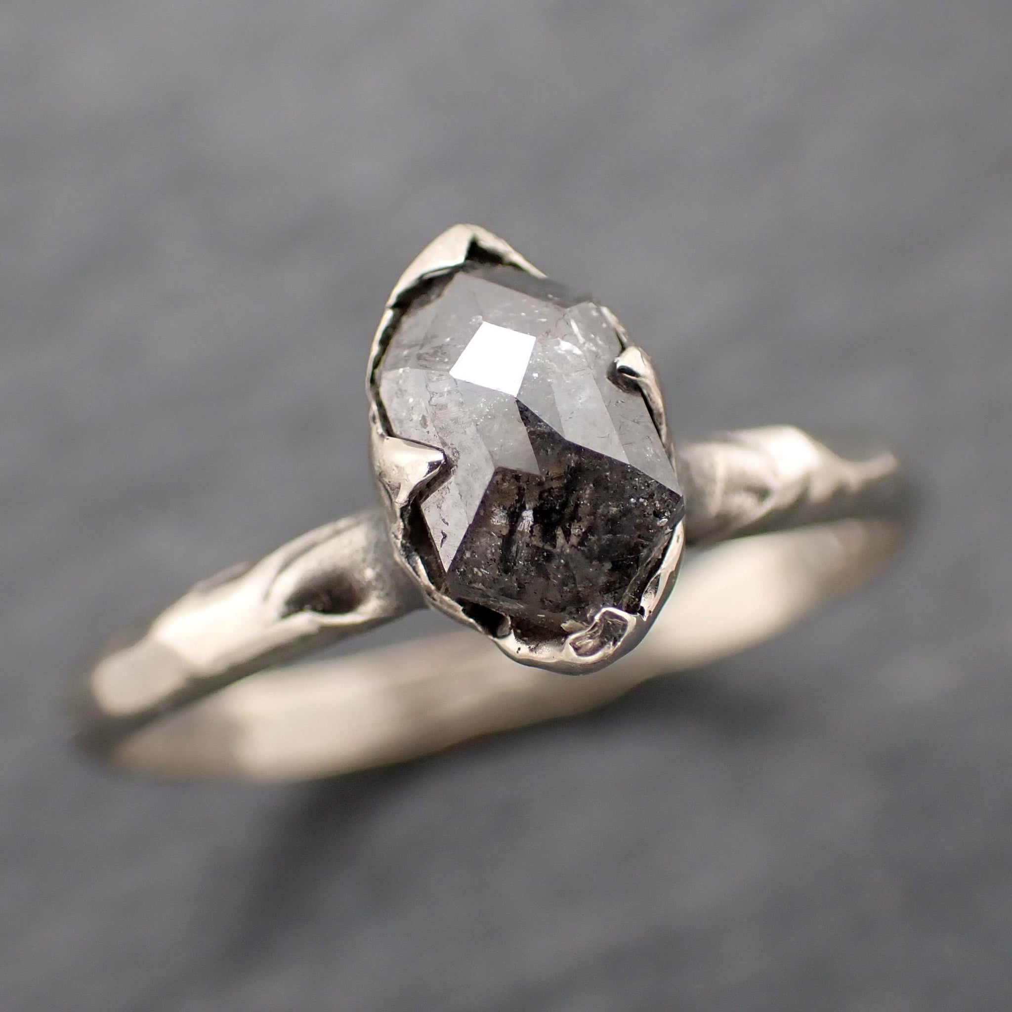 Fancy cut salt and pepper Diamond Solitaire Engagement 14k White Gold Wedding Ring byAngeline 0767