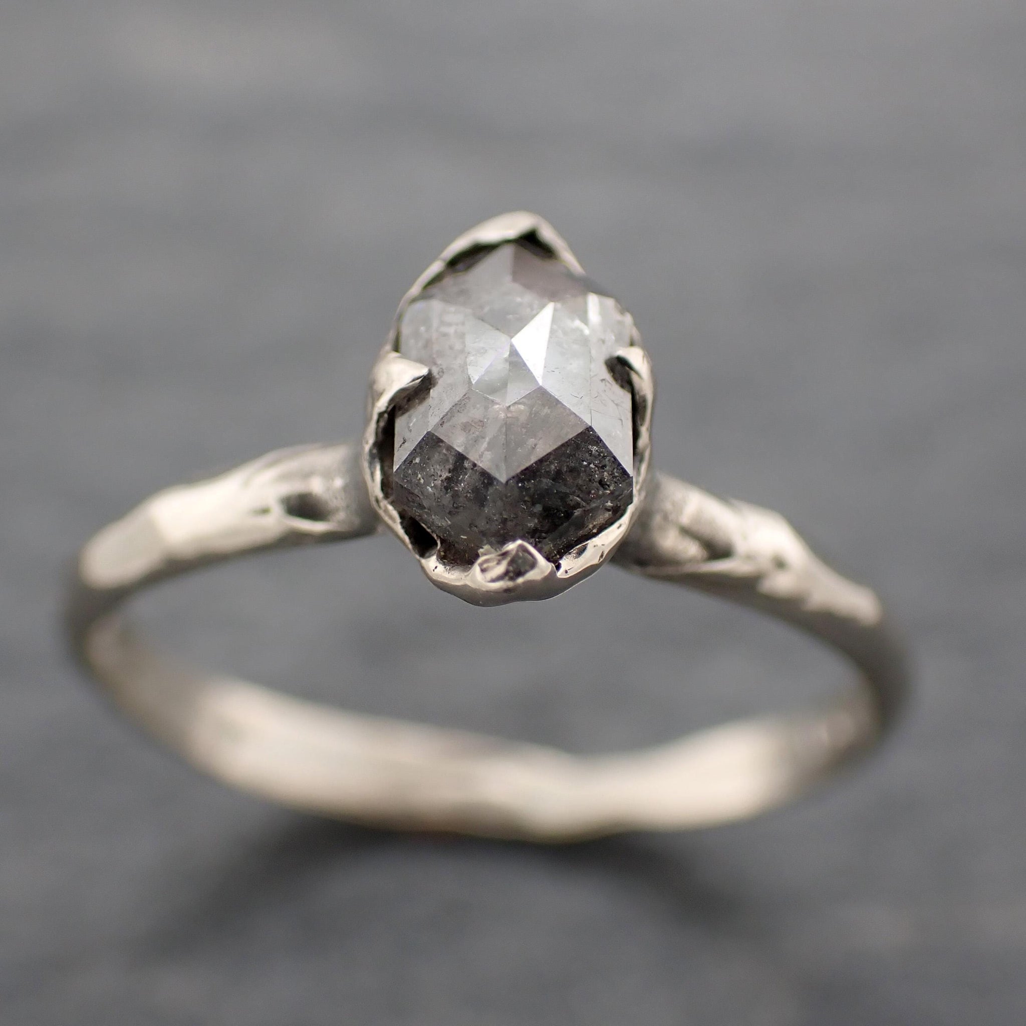 Fancy cut salt and pepper Diamond Solitaire Engagement 14k White Gold Wedding Ring byAngeline 0767