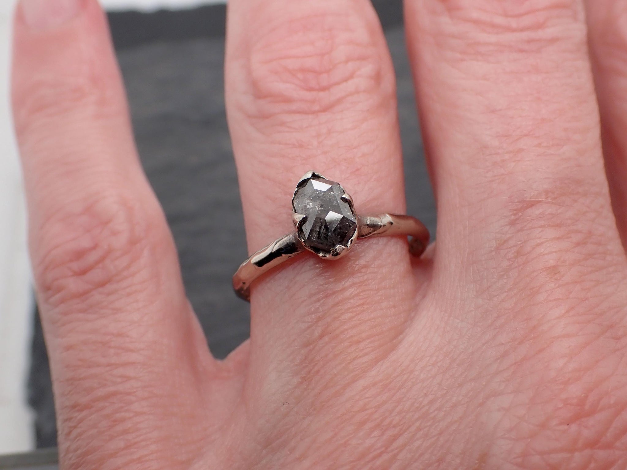 Fancy cut salt and pepper Diamond Solitaire Engagement 14k White Gold Wedding Ring byAngeline 0767