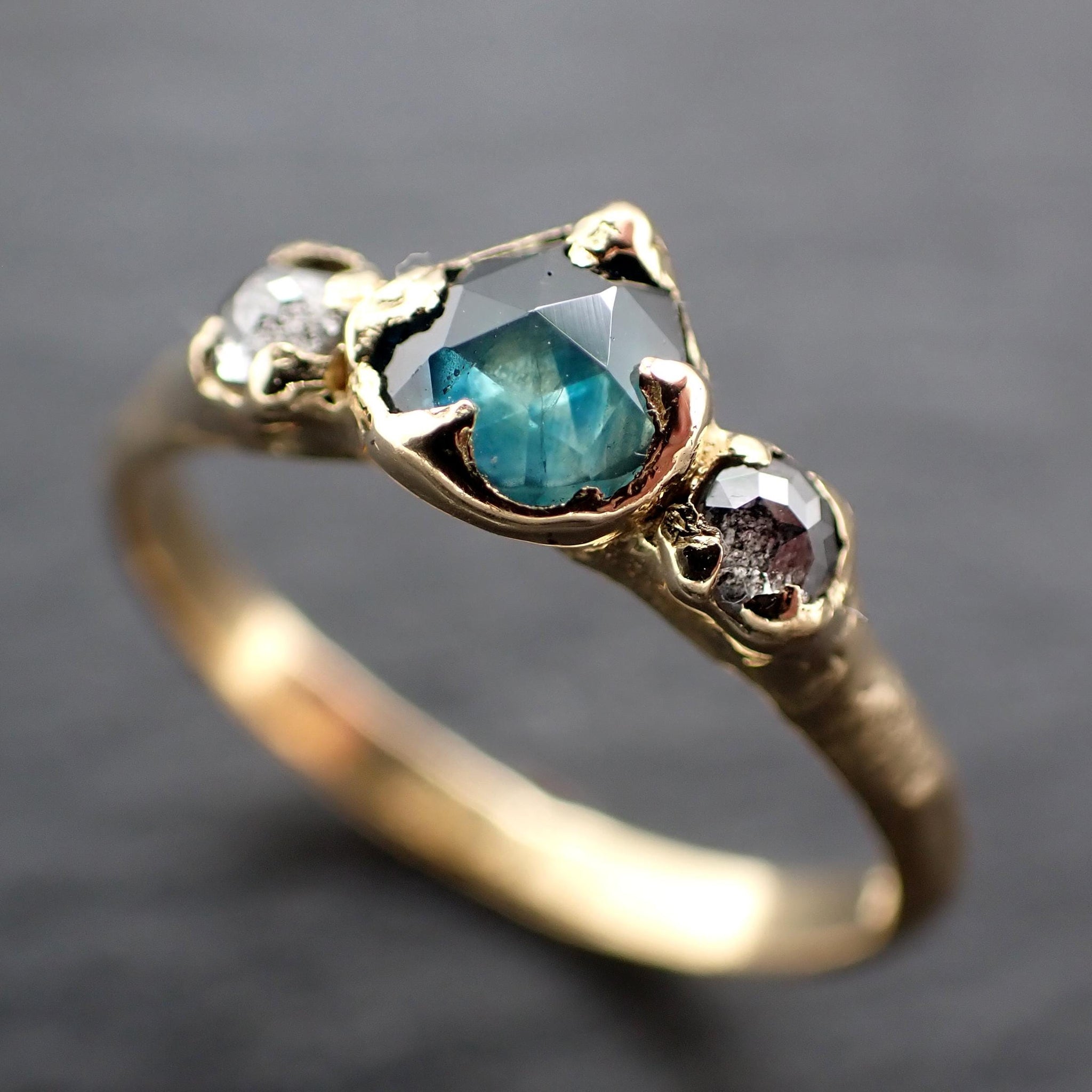 Montana Blue Green Sapphire Rose Cut Engagement Ring – 18k Yellow Gold with faceted Diamonds byAngeline Custom Wedding 3583