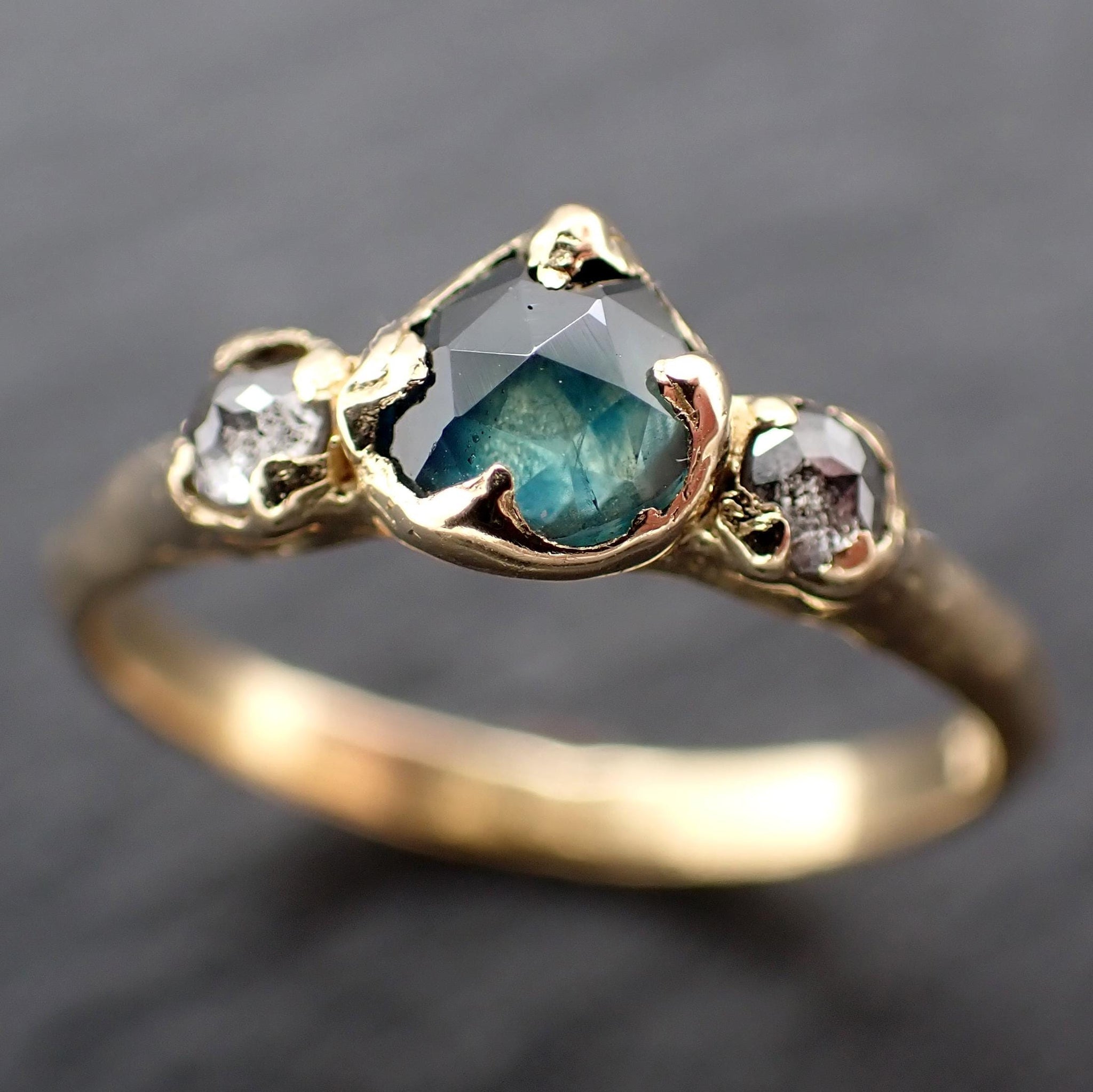 Montana Blue Green Sapphire Rose Cut Engagement Ring – 18k Yellow Gold with faceted Diamonds byAngeline Custom Wedding 3583