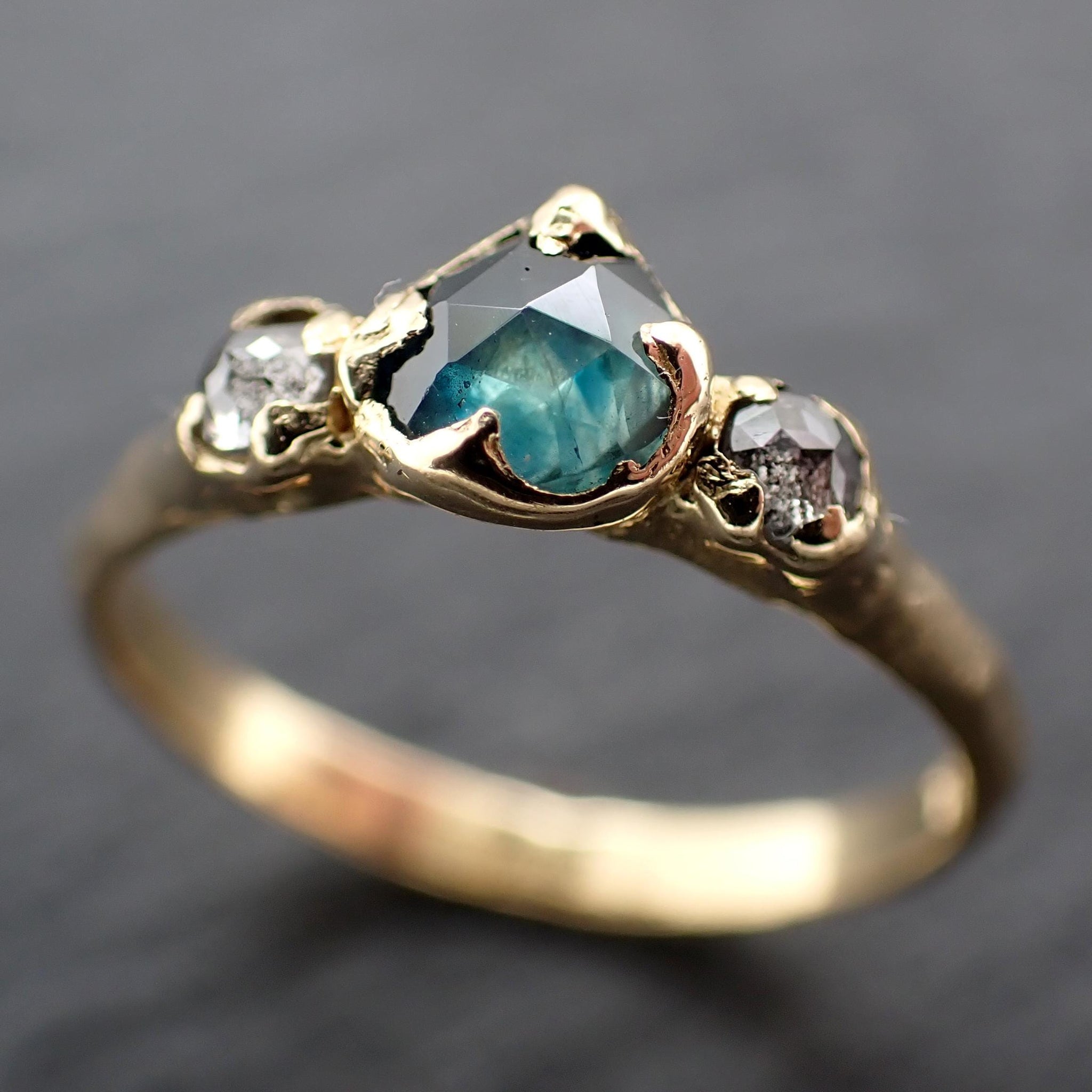 Montana Blue Green Sapphire Rose Cut Engagement Ring – 18k Yellow Gold with faceted Diamonds byAngeline Custom Wedding 3583