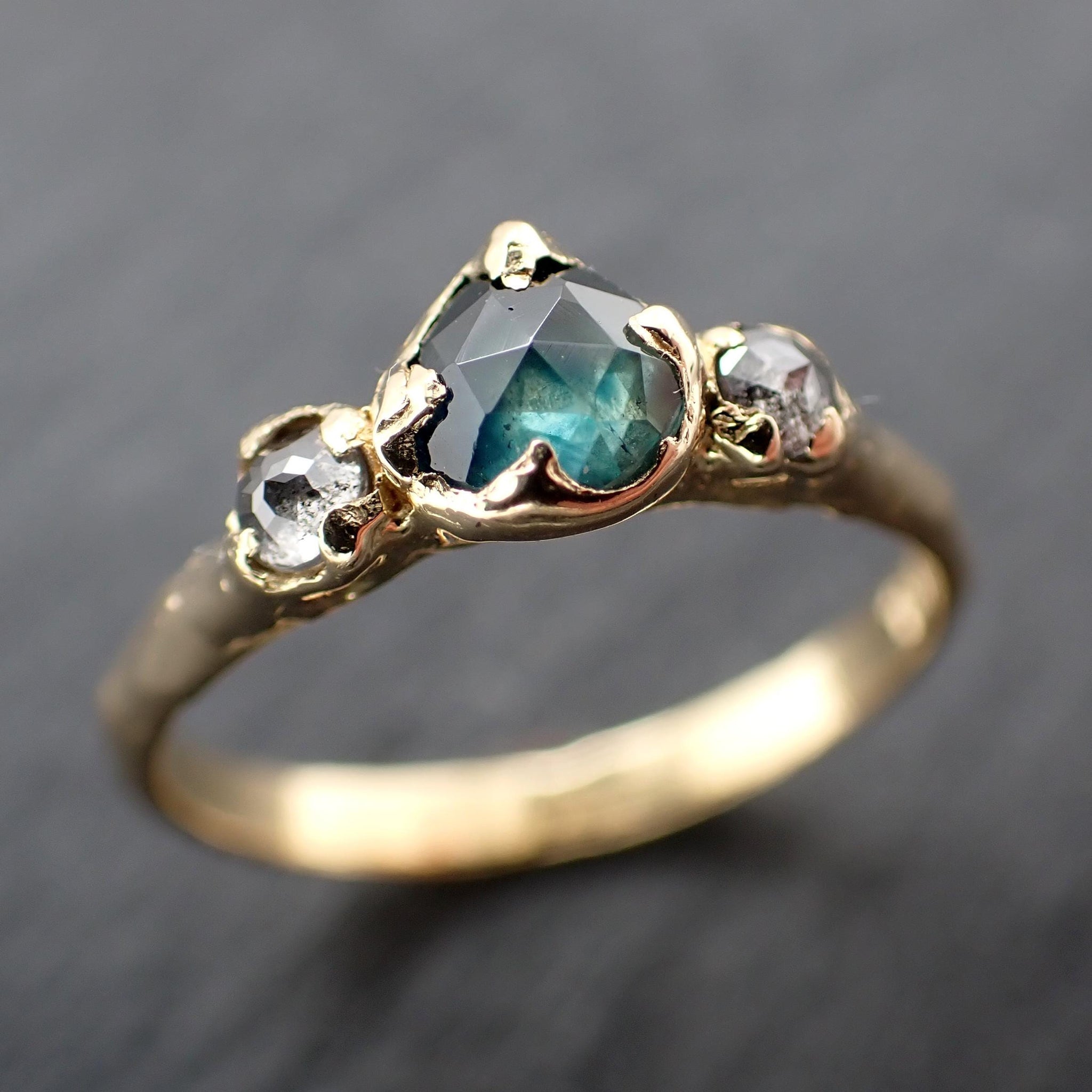 Montana Blue Green Sapphire Rose Cut Engagement Ring – 18k Yellow Gold with faceted Diamonds byAngeline Custom Wedding 3583