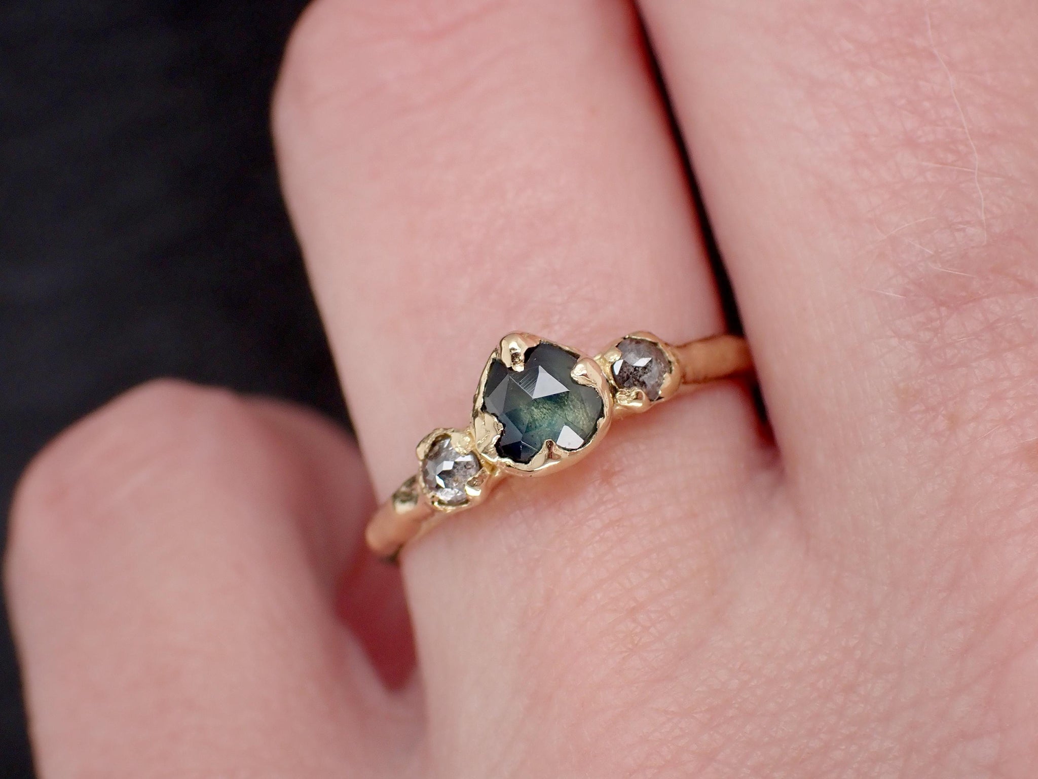 Montana Blue Green Sapphire Rose Cut Engagement Ring – 18k Yellow Gold with faceted Diamonds byAngeline Custom Wedding 3583