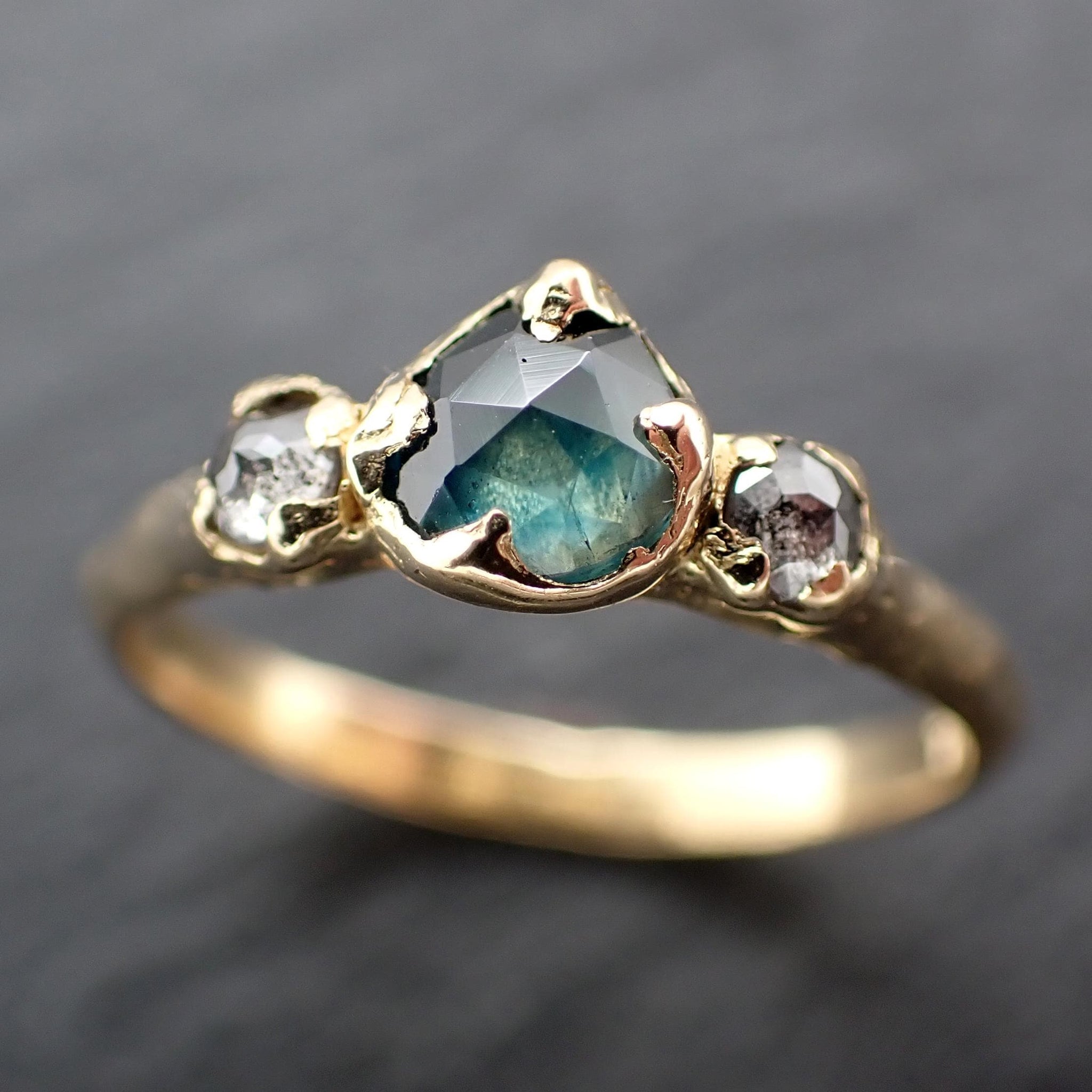 Montana Blue Green Sapphire Rose Cut Engagement Ring – 18k Yellow Gold with faceted Diamonds byAngeline Custom Wedding 3583