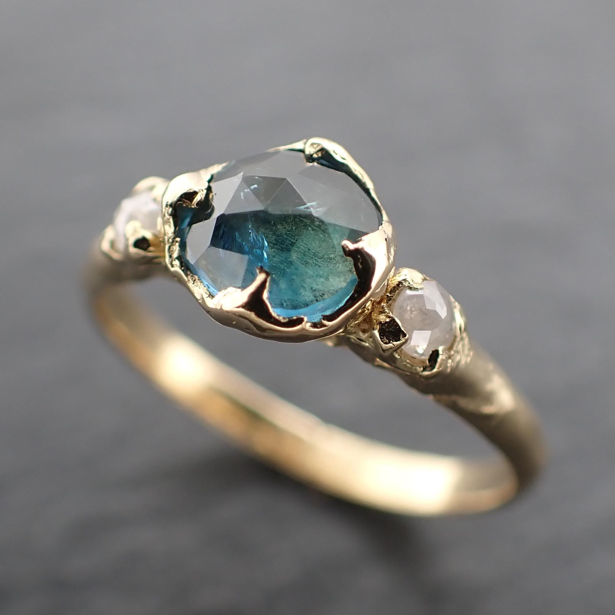 Montana Blue Green Sapphire Rose Cut Engagement Ring – 18k Yellow Gold with faceted Diamonds by Angeline Custom Wedding