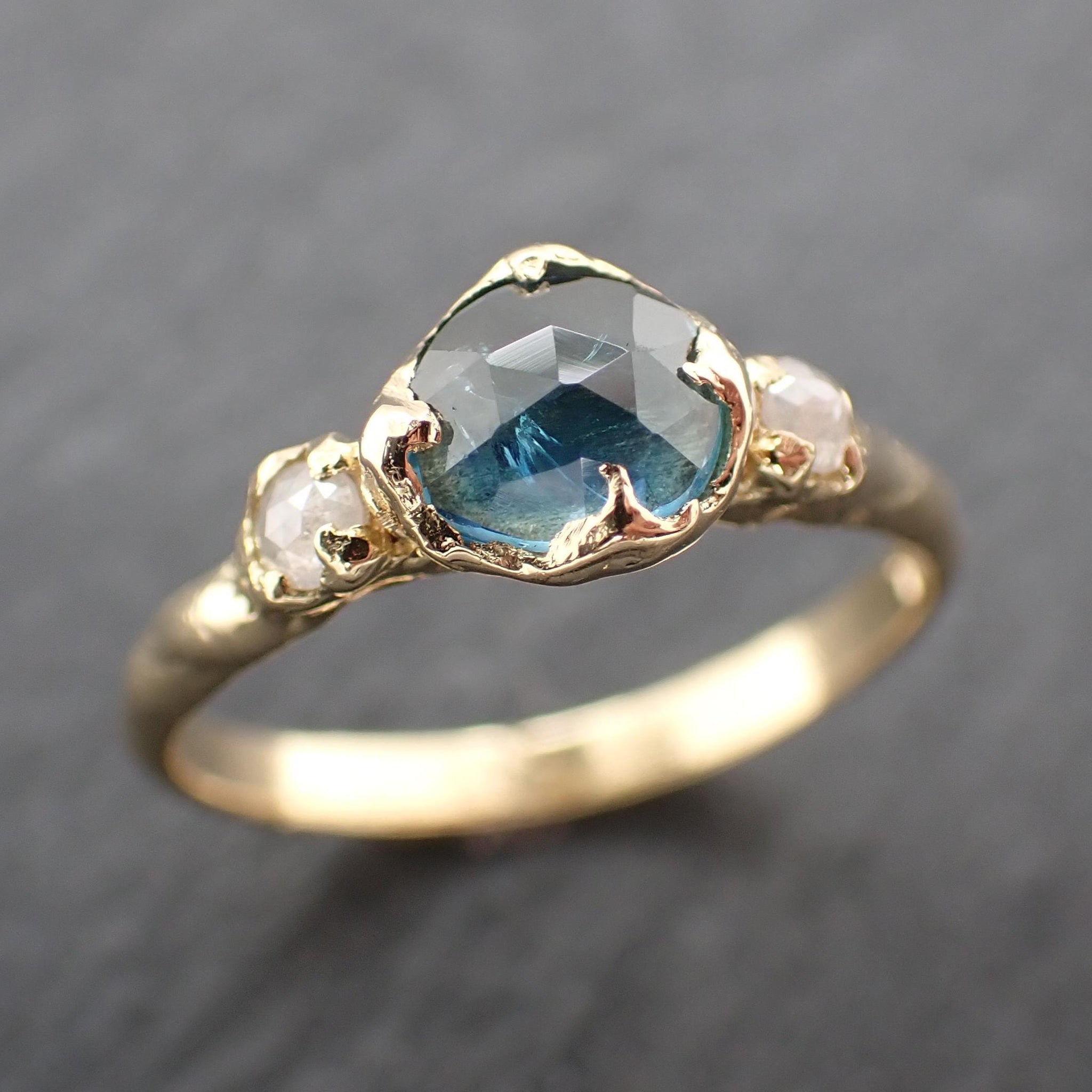 Montana Blue Green Sapphire Rose Cut Engagement Ring – 18k Yellow Gold with faceted Diamonds by Angeline Custom Wedding