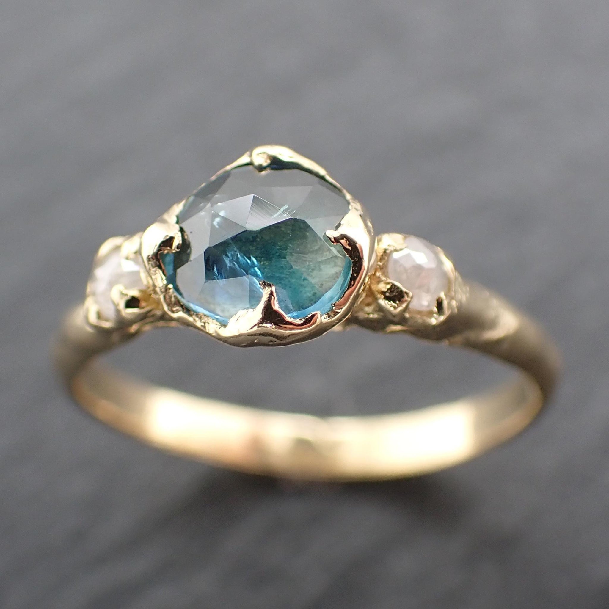 Montana Blue Green Sapphire Rose Cut Engagement Ring – 18k Yellow Gold with faceted Diamonds by Angeline Custom Wedding