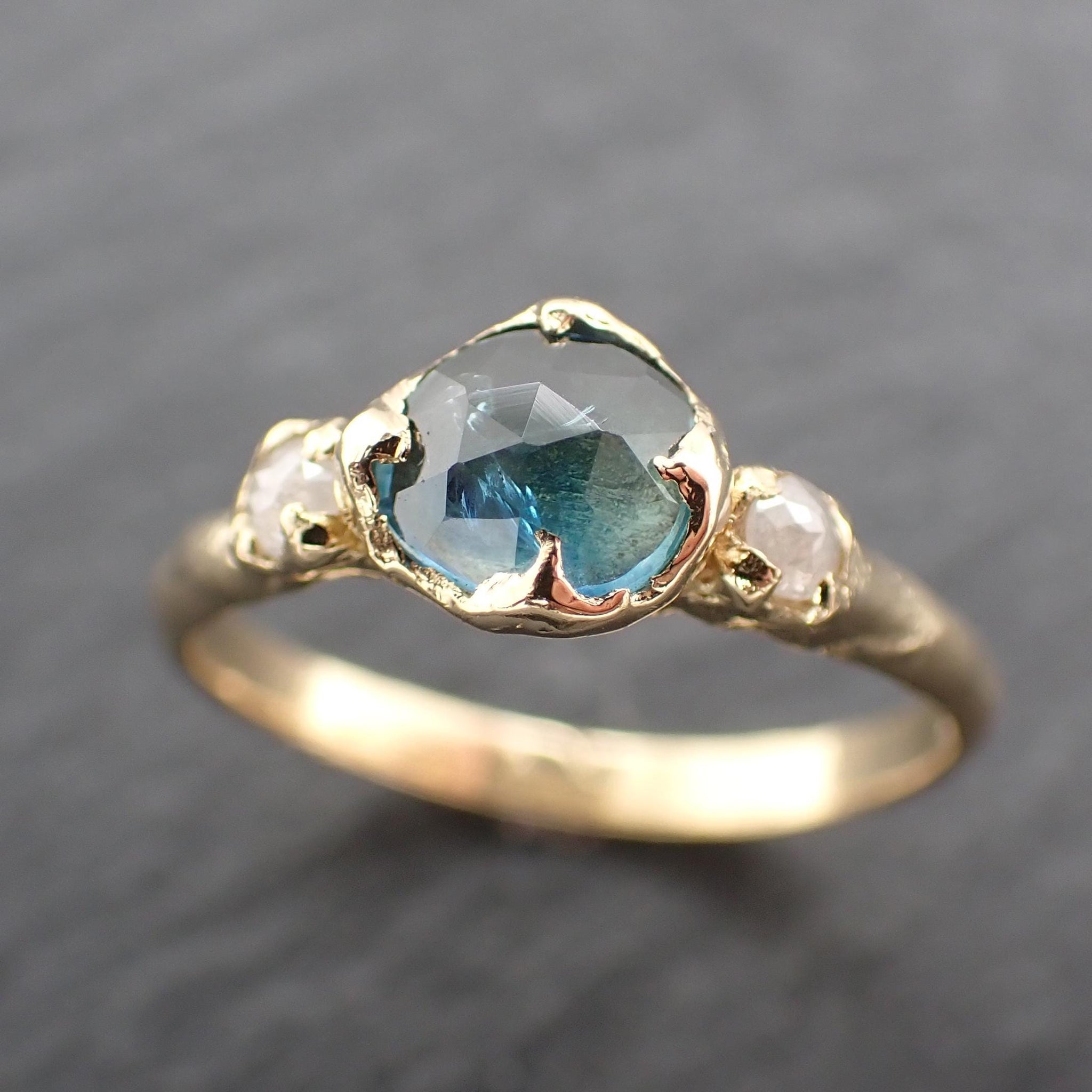 Montana Blue Green Sapphire Rose Cut Engagement Ring – 18k Yellow Gold with faceted Diamonds by Angeline Custom Wedding