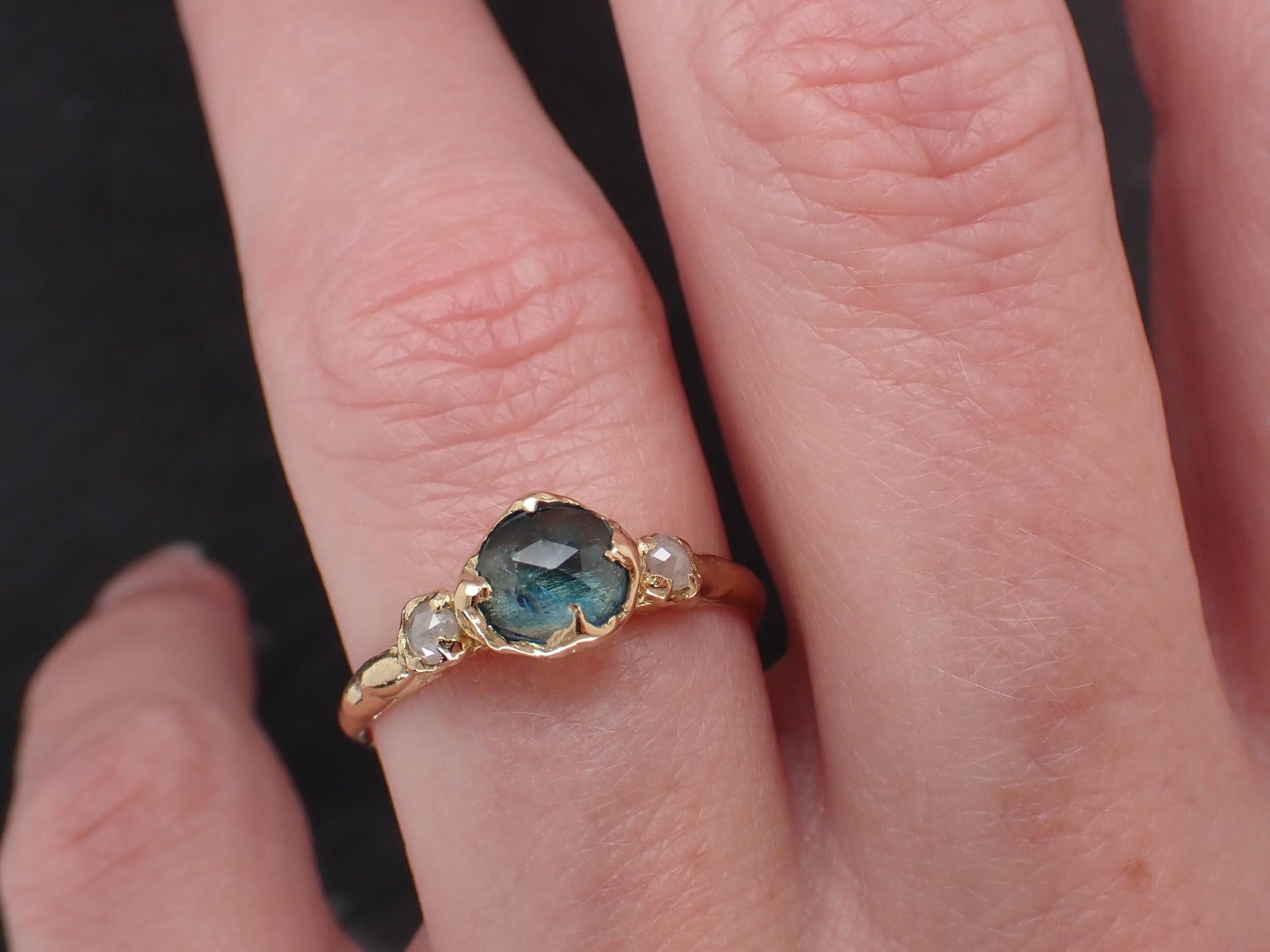 Montana Blue Green Sapphire Rose Cut Engagement Ring – 18k Yellow Gold with faceted Diamonds by Angeline Custom Wedding