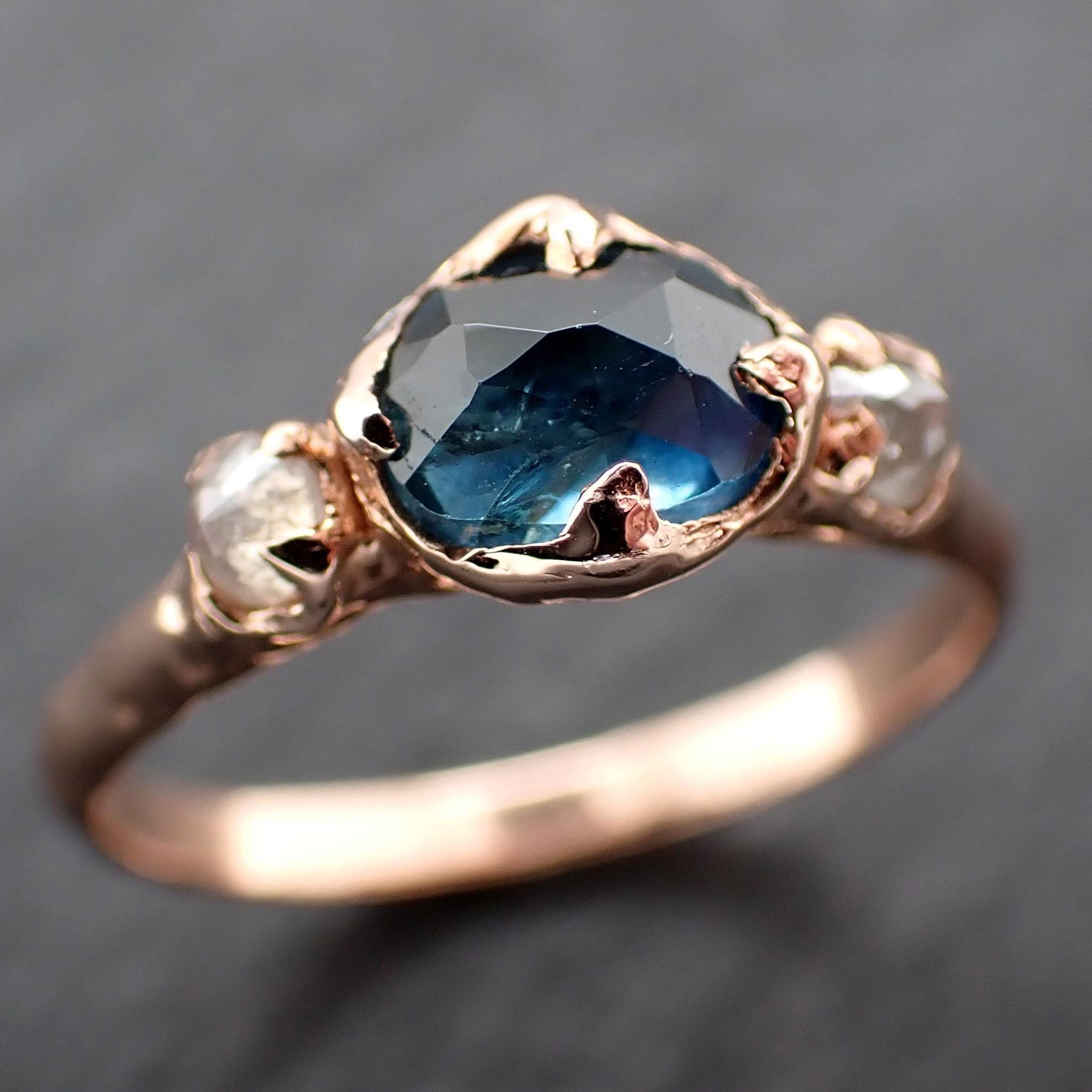Montana Blue Rose Cut Sapphire Engagement Ring: 14k Rose Gold & Diamond Accents Wedding Hand Made