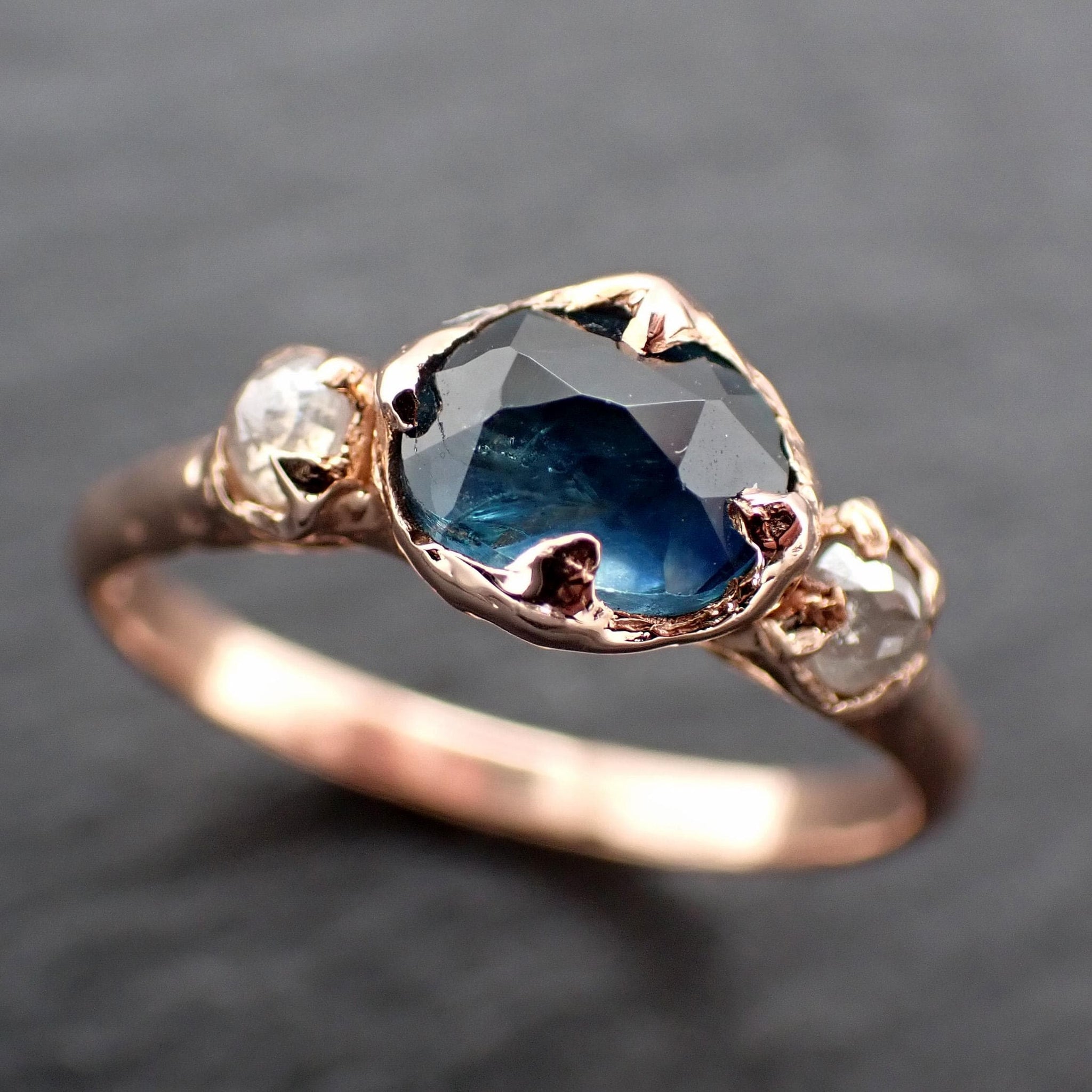 Montana Blue Rose Cut Sapphire Engagement Ring: 14k Rose Gold & Diamond Accents Wedding Hand Made