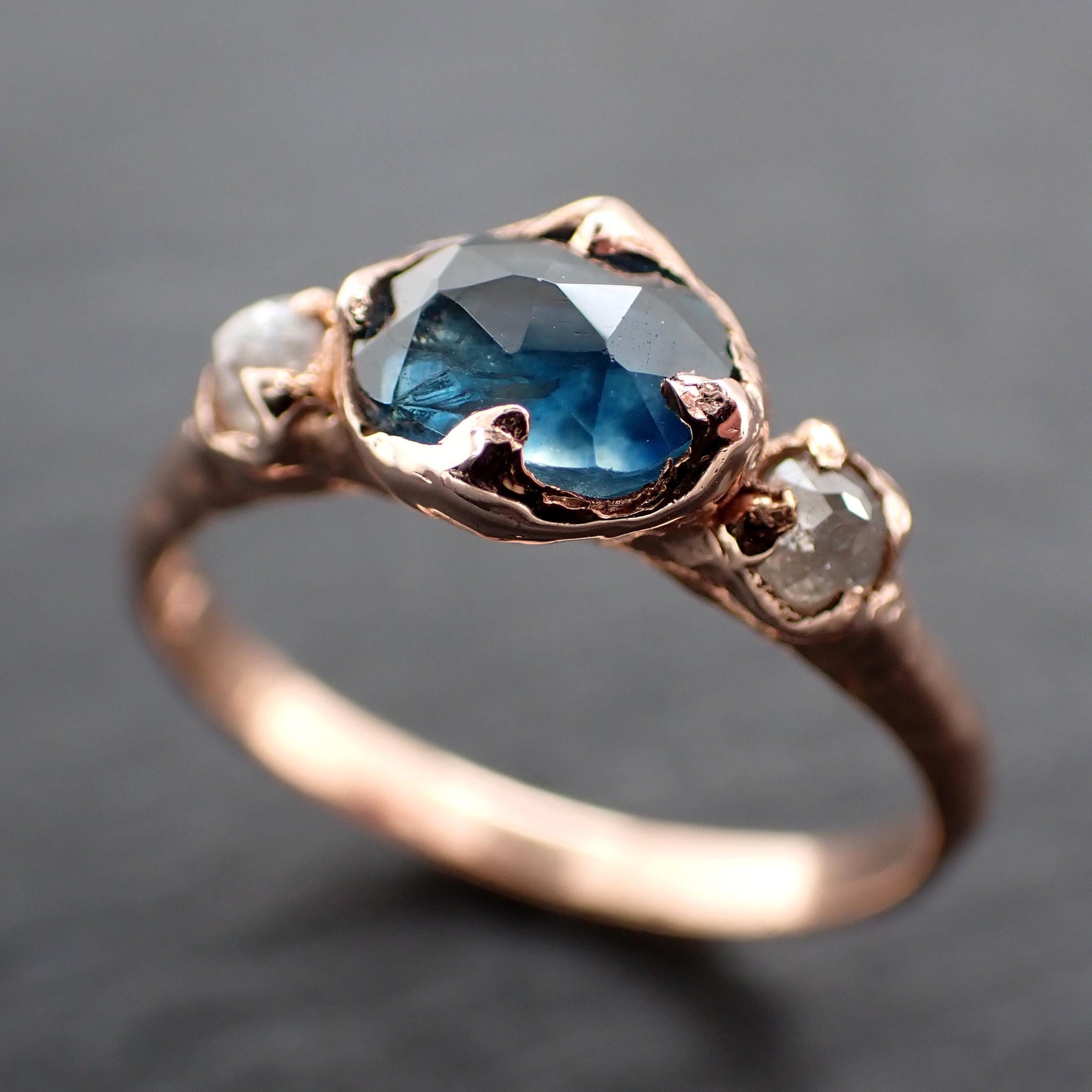 Montana Blue Rose Cut Sapphire Engagement Ring: 14k Rose Gold & Diamond Accents Wedding Hand Made