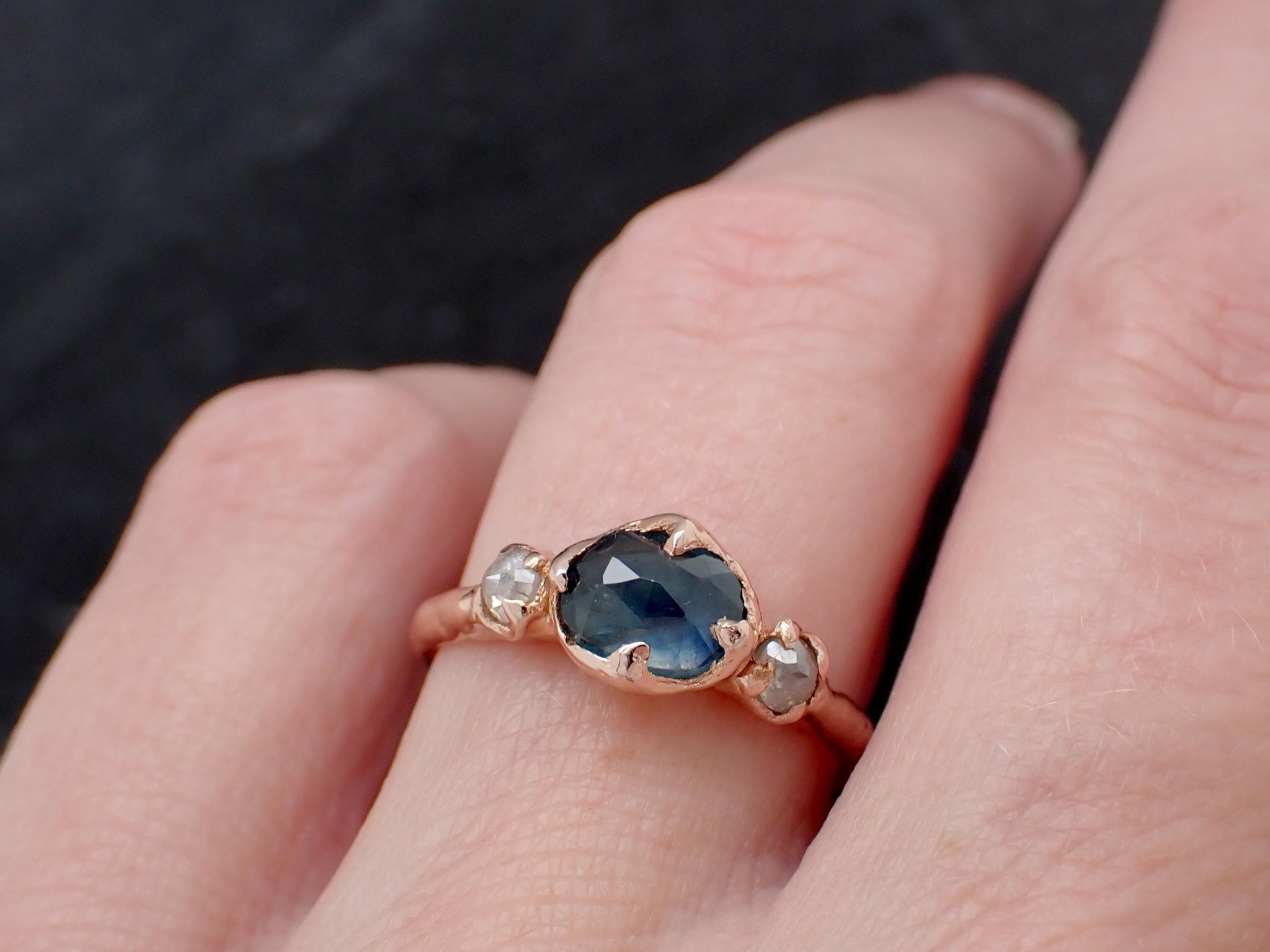 Montana Blue Rose Cut Sapphire Engagement Ring: 14k Rose Gold & Diamond Accents Wedding Hand Made