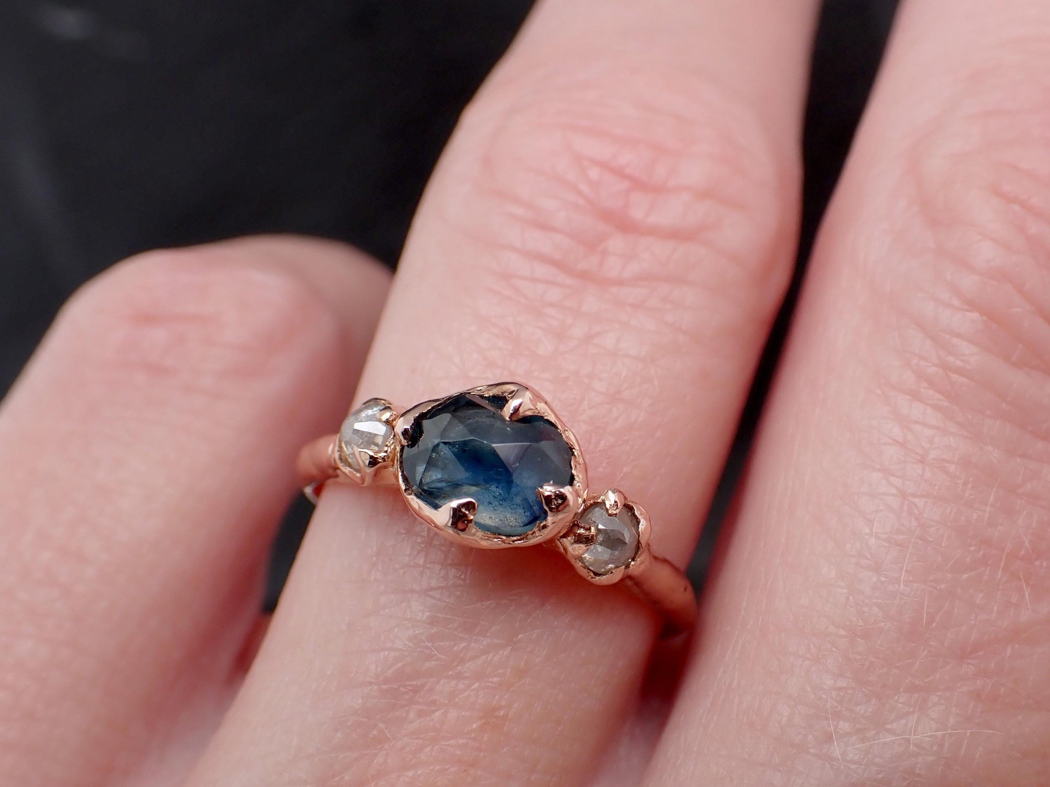 Montana Blue Rose Cut Sapphire Engagement Ring: 14k Rose Gold & Diamond Accents Wedding Hand Made