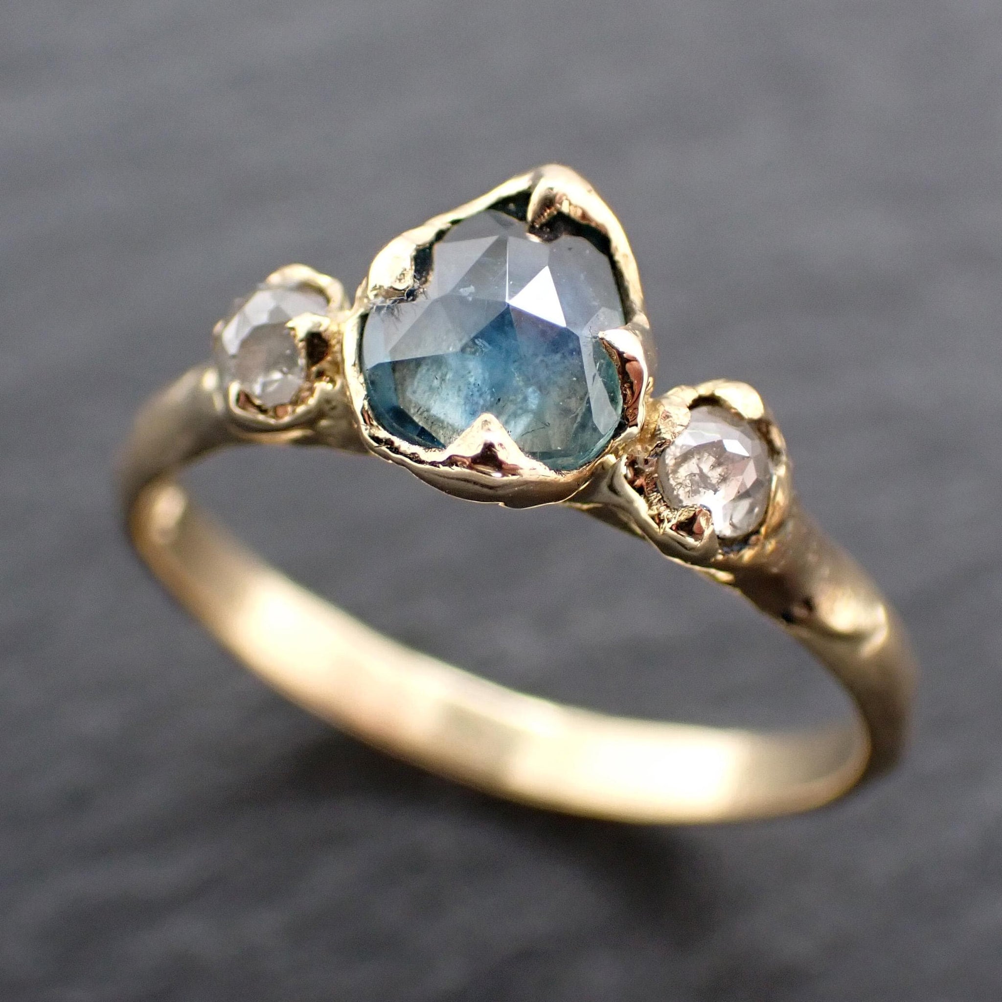Montana Blue Green Sapphire Rose Cut Engagement Ring – 18k Yellow Gold with faceted Diamonds by Angeline Custom Wedding 3586