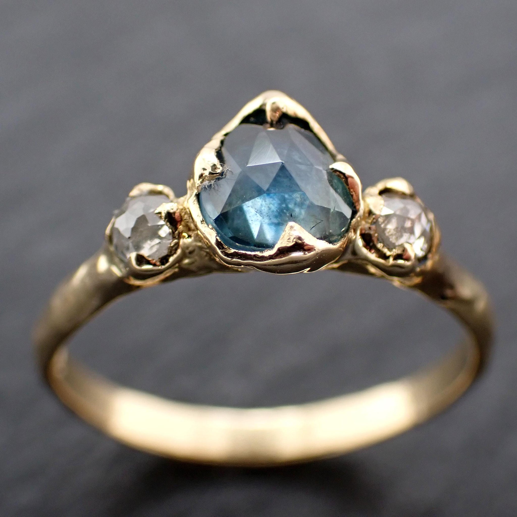 Montana Blue Green Sapphire Rose Cut Engagement Ring – 18k Yellow Gold with faceted Diamonds by Angeline Custom Wedding 3586